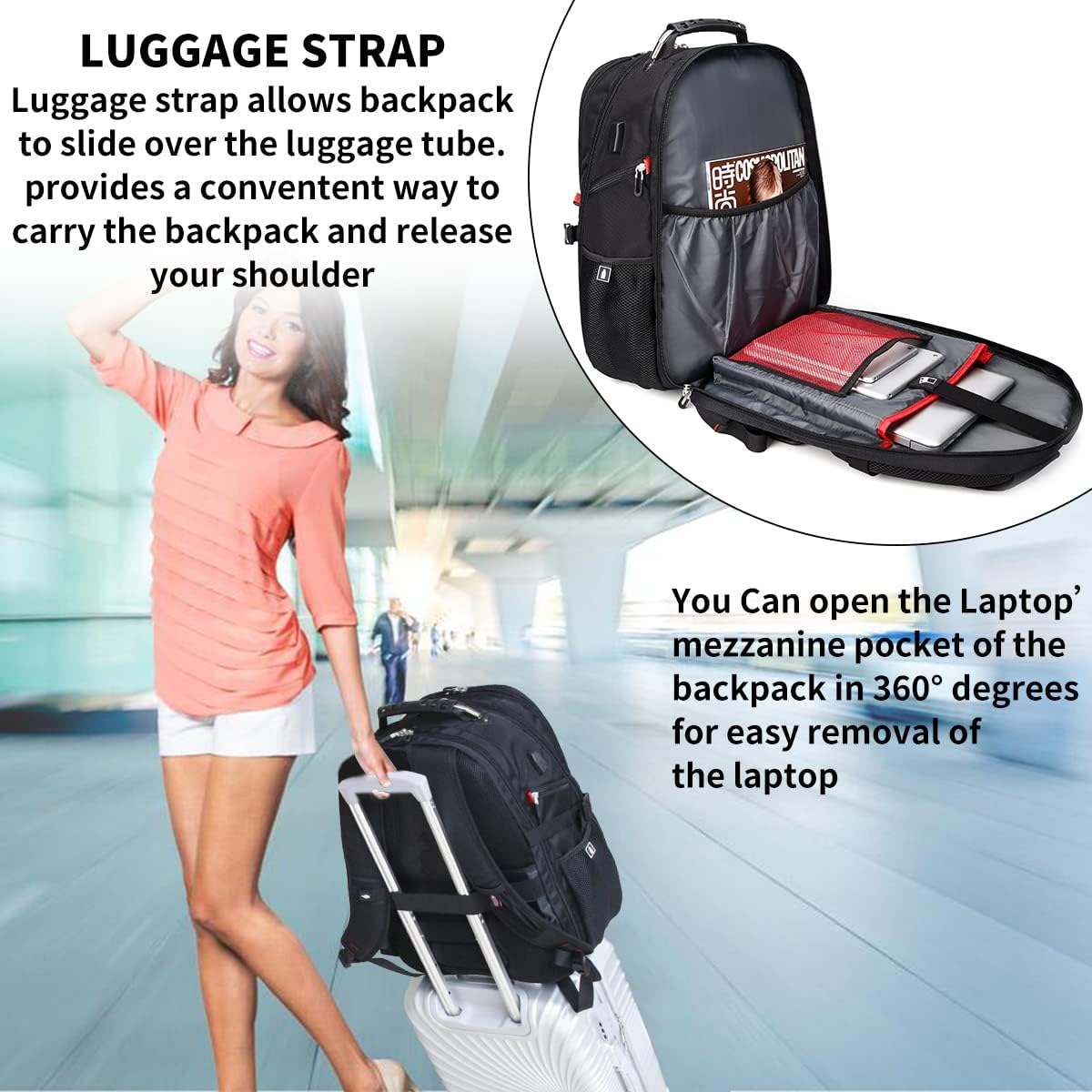SHRRADOO Extra Large 50L Travel Laptop Backpack - Airline Approved, Fits 17 Inch Laptops | Black