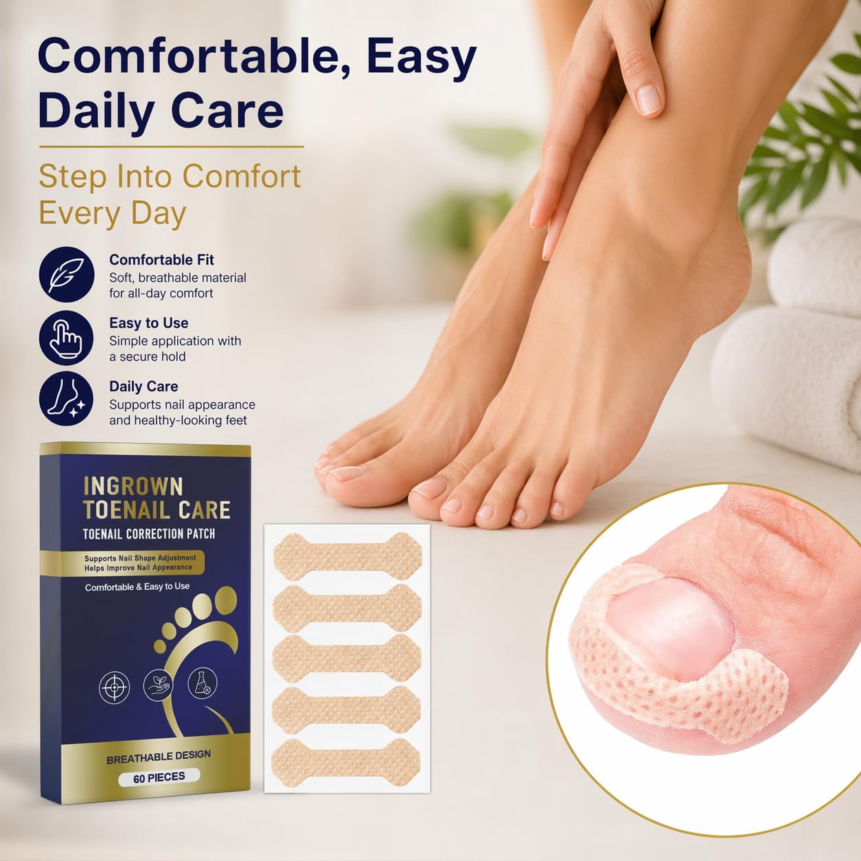 Ingrown Toenail Treatment, 60 Pcs Breathable Ingrown Toenail Strips, Gentle Toenail Support Patches for At-Home Pedicure and Daily Foot Care, Toenail Corrector Patch, 60 Count