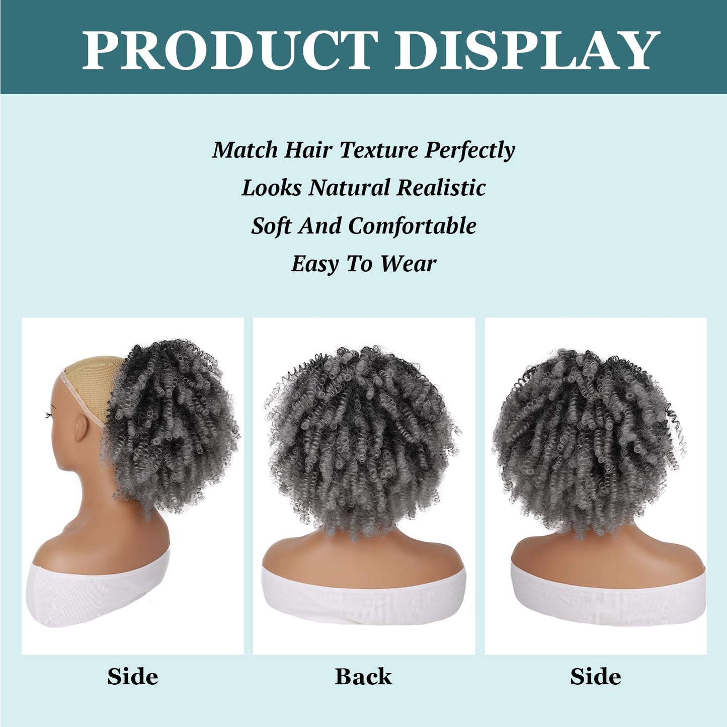 G&T Wig Afro Kinky Curly Drawstring Ponytail Extension for African Black Women Short Afro Puff Curly Synthetic Hairpieces for Daily (Ombre Grey)