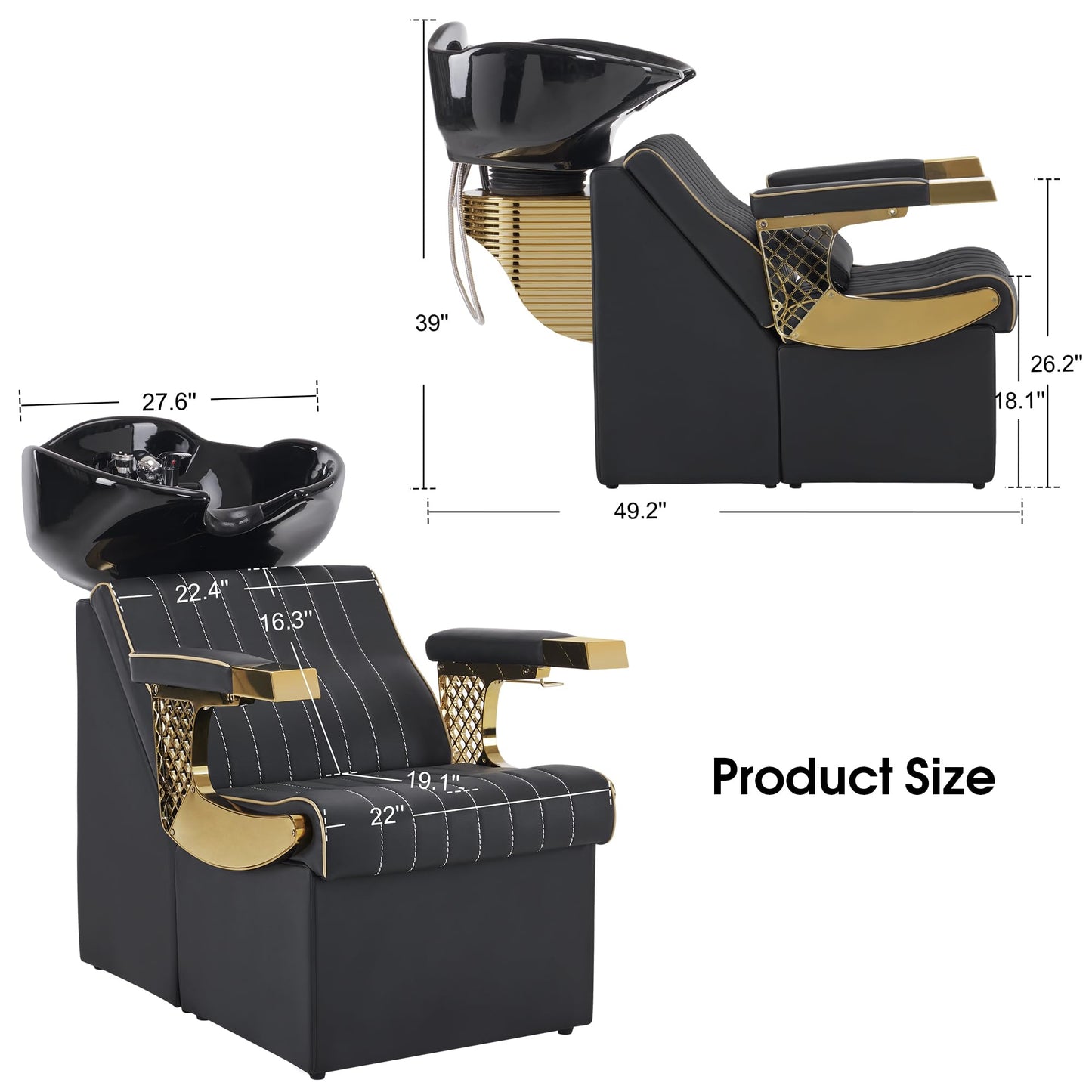 BarberPub Backwash Shampoo Station Chair and Bowl Unit, Porcelain Ceramic Basin Sink, Black&Gold Shampoo Barber Chair with Vacuum Breaker for for Barbershop Beauty Spa Salon 8615 (Black)