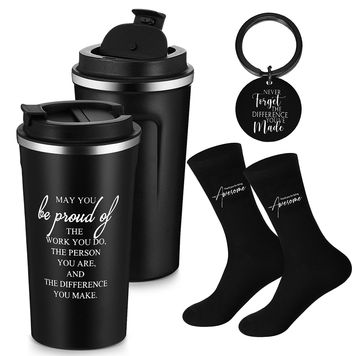 Roshtia 3 Sets Thank You Gift for Men Employee Appreciation Gift Set for Male Teacher Coworker Staff Volunteer 17 oz Stainless Steel Tumbler Socks Inspirational Keychain Back to School Gifts
