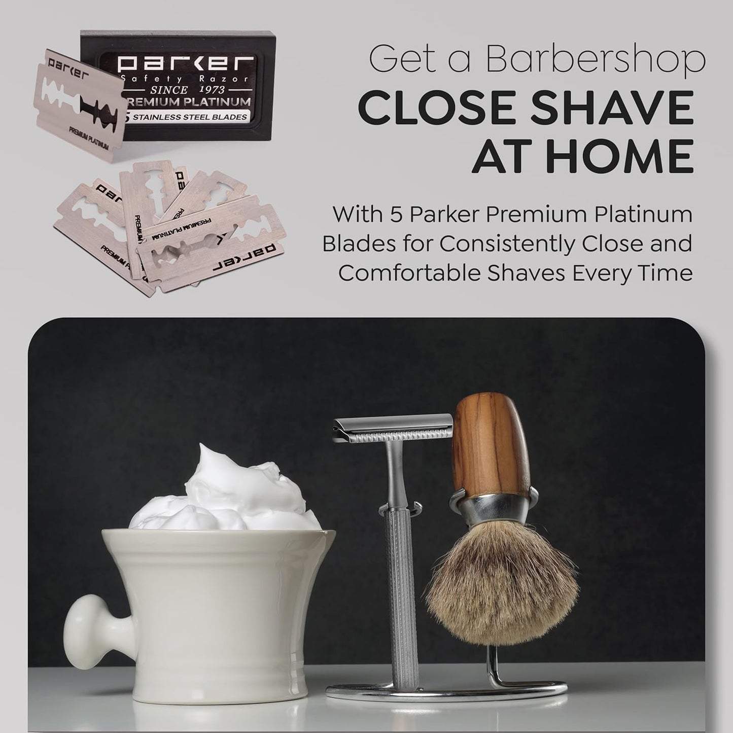 Parker 78R Double Edge Safety Razor with 5 Safety Razor Blades, Women & Men’s Safety Shaving Razor, Reusable, Plastic Free – Satin Chrome