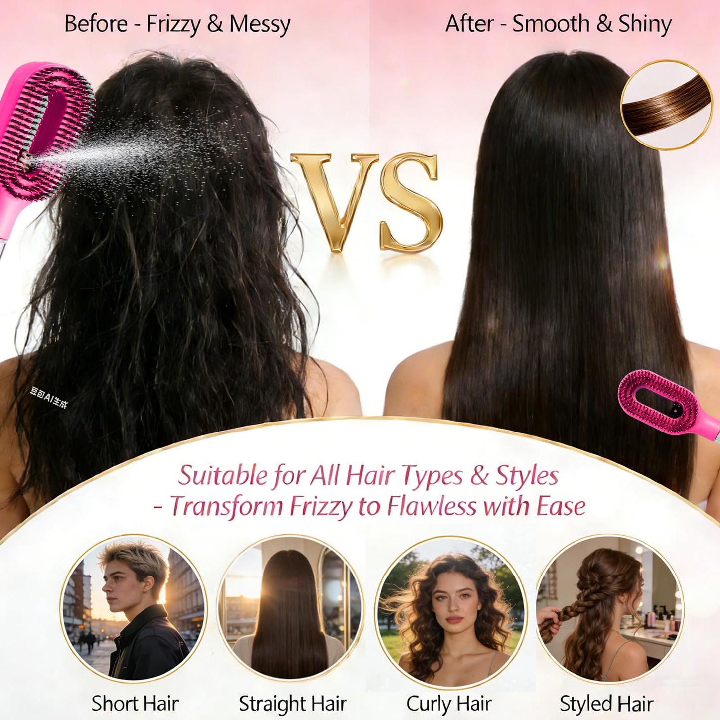 Hair Brush with Water Spray, 2-in-1 Detangling Tool for Frizz Control, Works on Wet & Dry Strands, Portable Mist Comb for Thick, Curly & Fine Textures(1 Rose Pink)