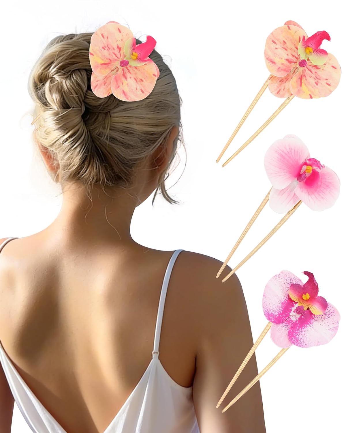 Hawaiian Orchid Flower Hair Pins - 3 Pack Metal Hair Sticks for Thick Hair Updos | Perfect for Beach Vacations