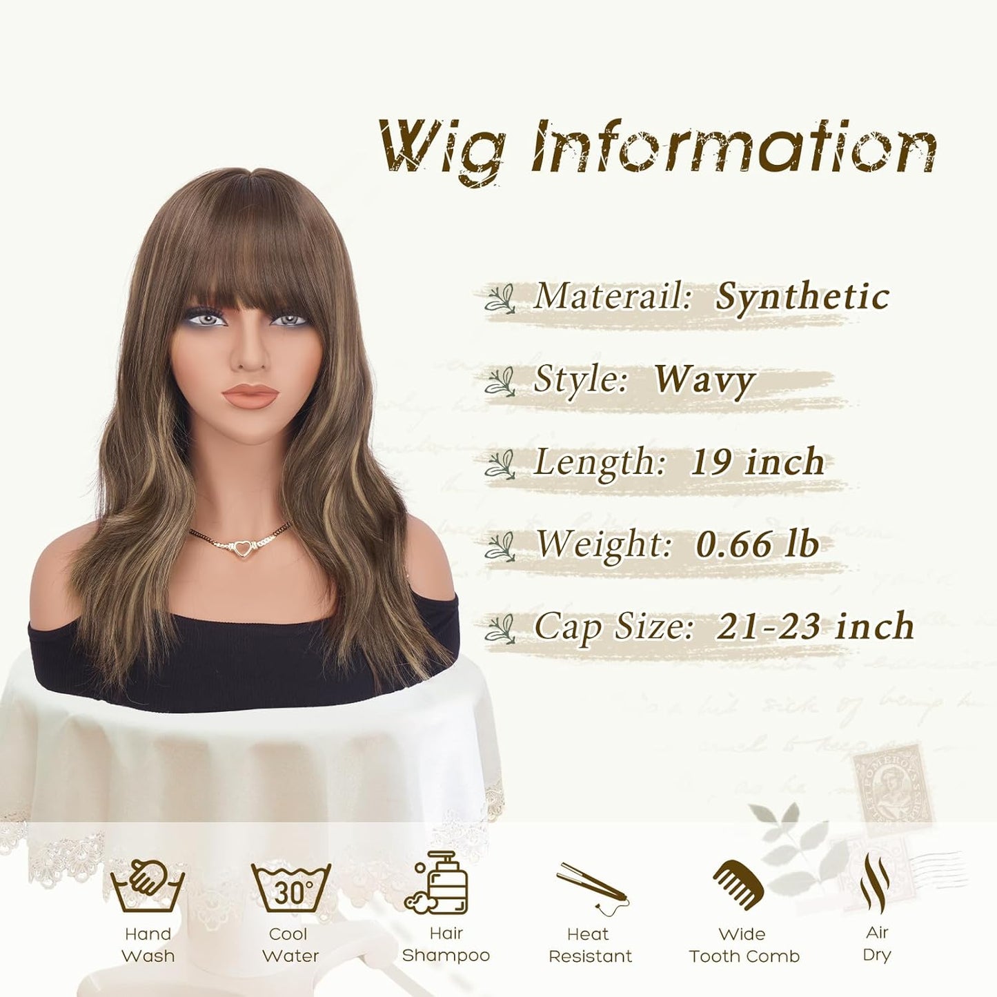 Brown Wigs with Bangs - 19 Inch Natural Wavy Synthetic Heat Resistant Hair for Women | Blonde Mixed Brown