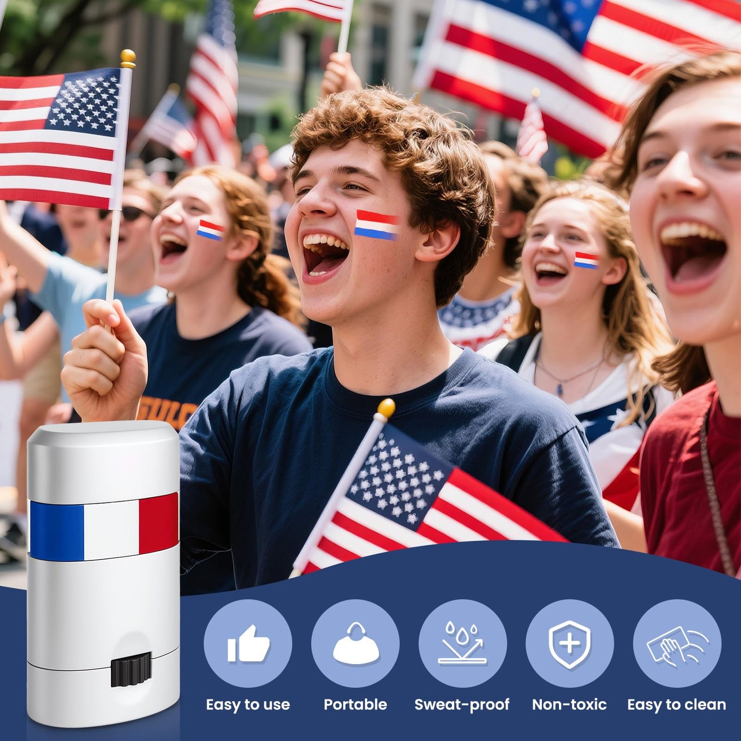 2PCS Red White and Blue Face Body Paint Sticks- Patriotic Pride 4th of July Accessories for Women, Eye-Black Stick Baseball Softball Sports Makeup, Fourth of July USA Accessories for Independence Day