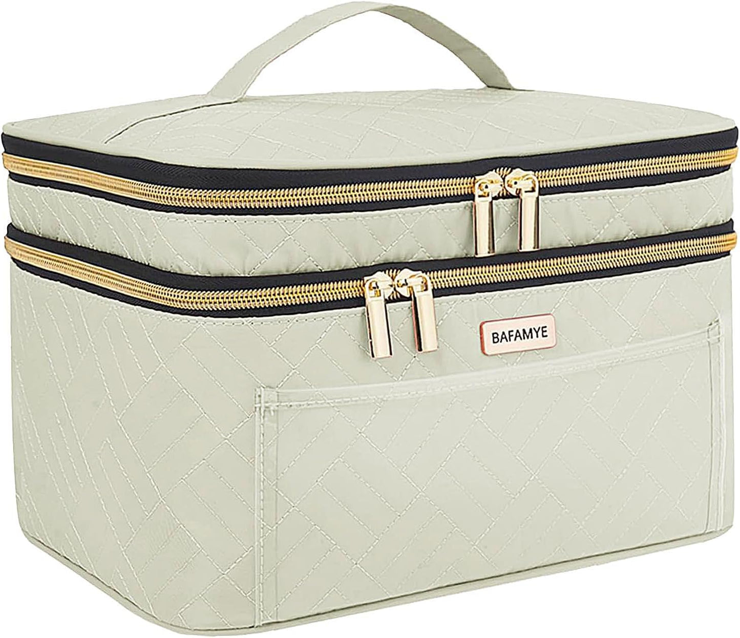 Double Layer Travel Makeup Bag With Mirror - 8.8L Large Cosmetic Organizer for Women | Brown