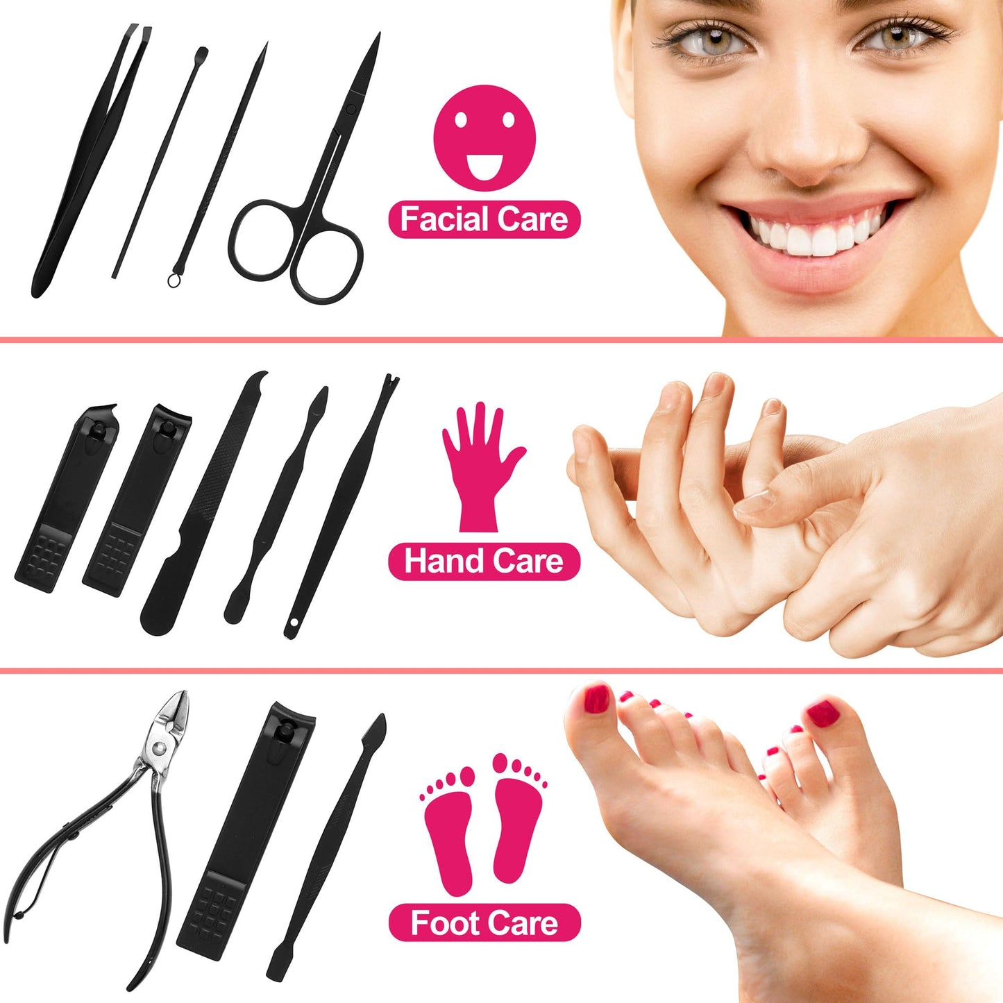 Manicure Set Pedicure Kit Stainless Steel 11 Pcs Set Toe Finger Nail Clipper Personal Care Grooming For Men Women with Luxurious Travel Case - Black