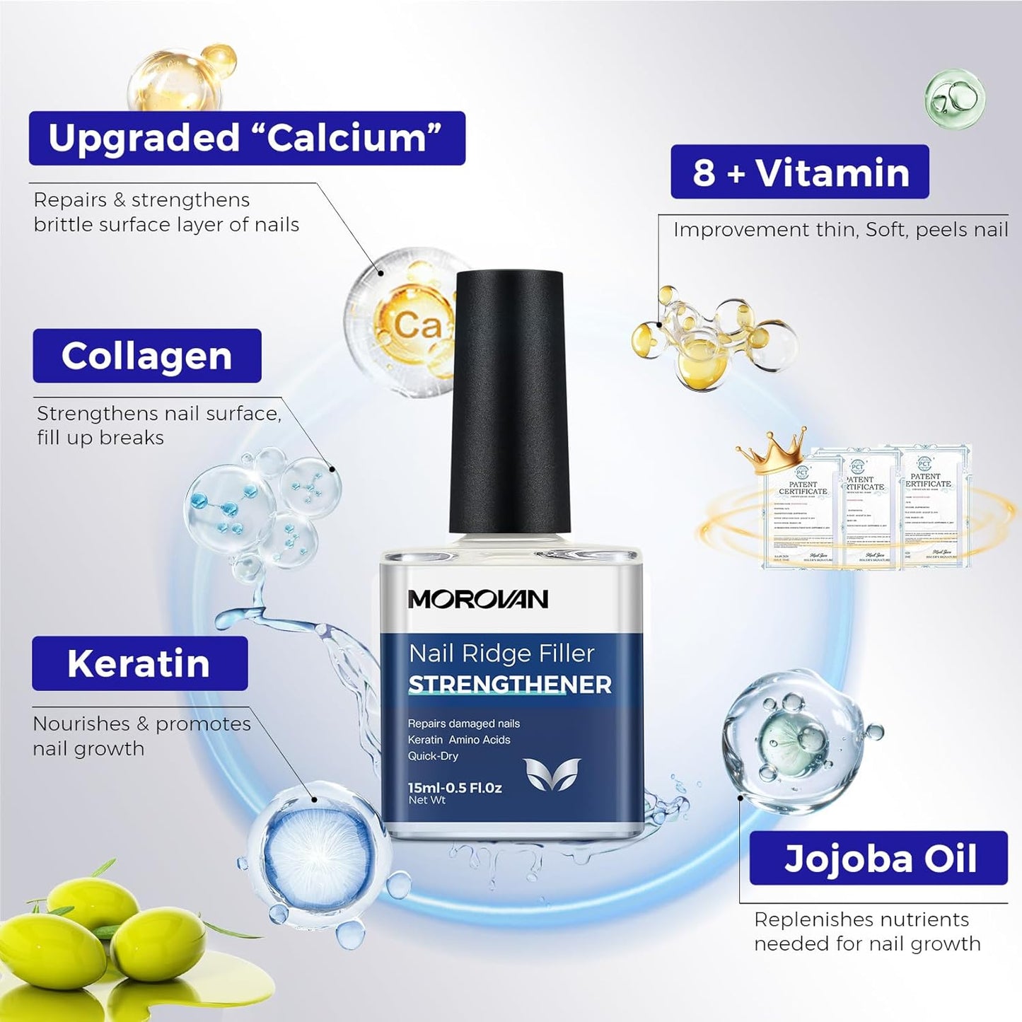 Morovan Nail Strengthener - Keratin Ridge Filler for Thin, Weak Nails | Milky White 15ml