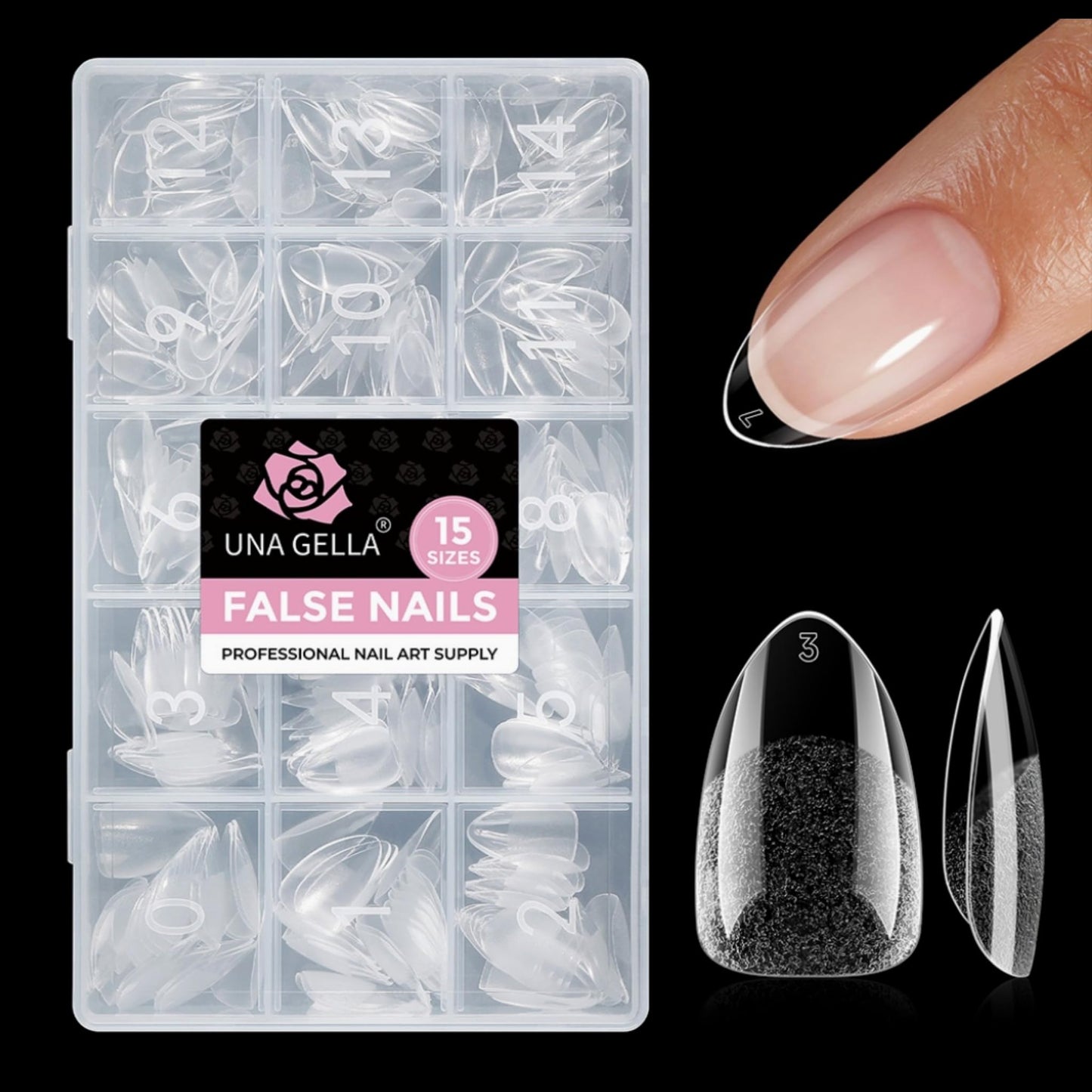 UNA GELLA Short Almond Gel Nail Tips 15 Sizes 300PCS Pre-Etched Soft Gel Clear Nail Tips Easy DIY Salon Short Almond Press On Nails Snug Fit Acrylic Fake Tips Extensions Long-Lasting Hold