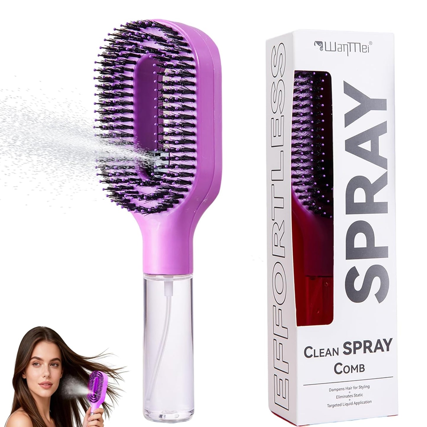 Hair Brush with Water Spray - 2-in-1 Detangling Tool for Frizz Control | Portable Mist Comb for Thick, Curly & Fine Hair - Green