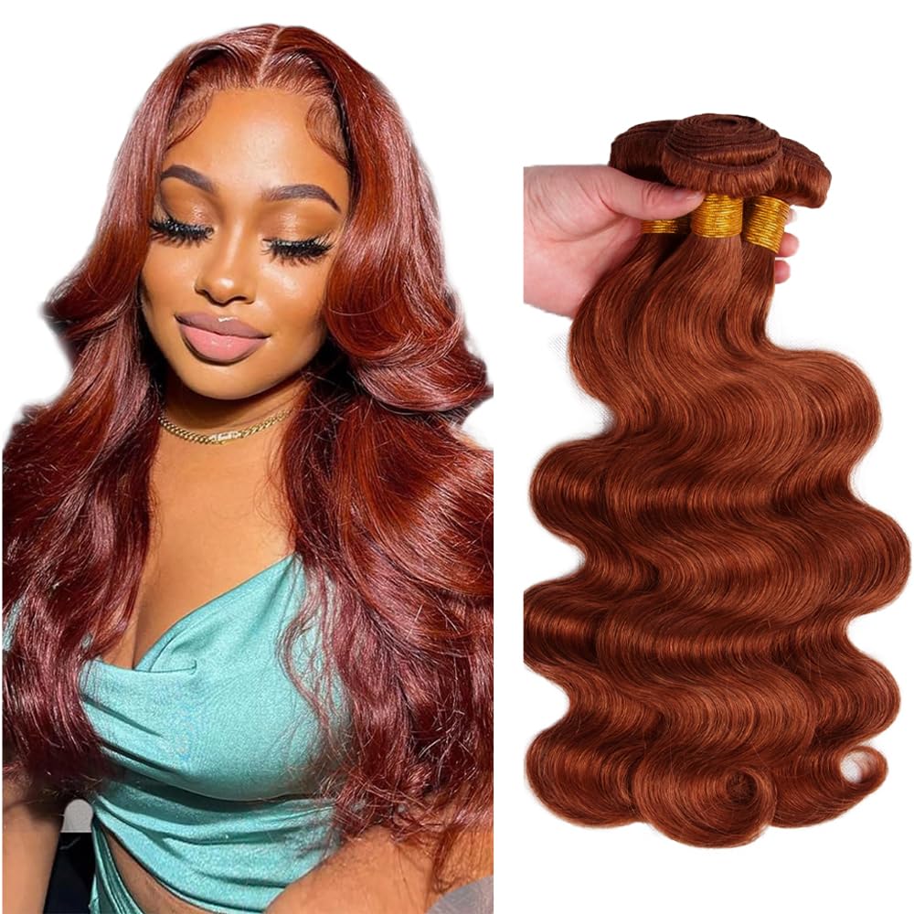 30 32 34 Inch Auburn Bundles Human Hair Color 33 Body Wave Bundles Brazilian Virgin Soft and Silky Remy Copper Red Body Wave Bundle Huxowax Double Weft Hair Weave 300g