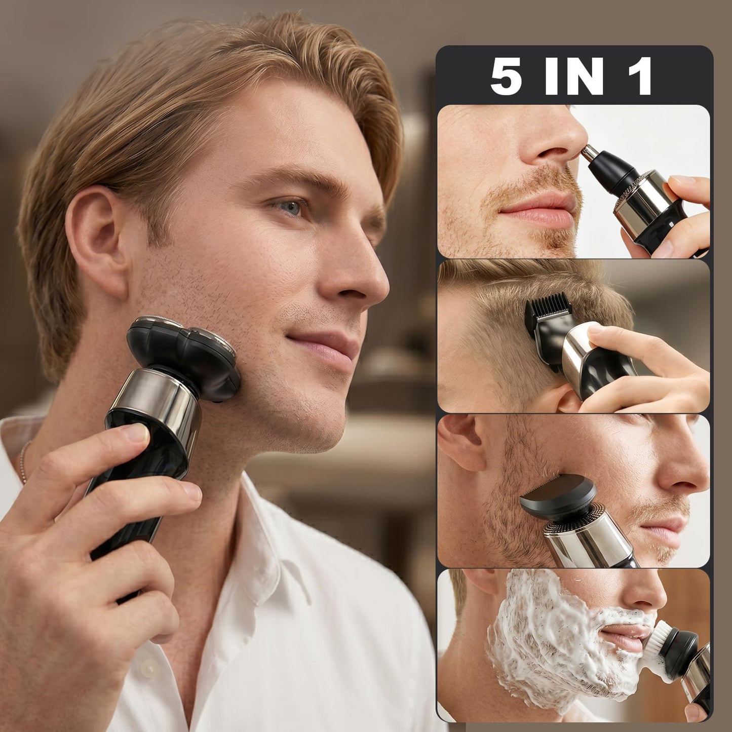 5-en-1 Electric Razor for Men, 9999 RPM High-Speed Electric Shaver with LED Display, 1H Fast Charging, IPX7 Waterproof Razor with Nose Hair Trimmer, Facial Cleansing Brush