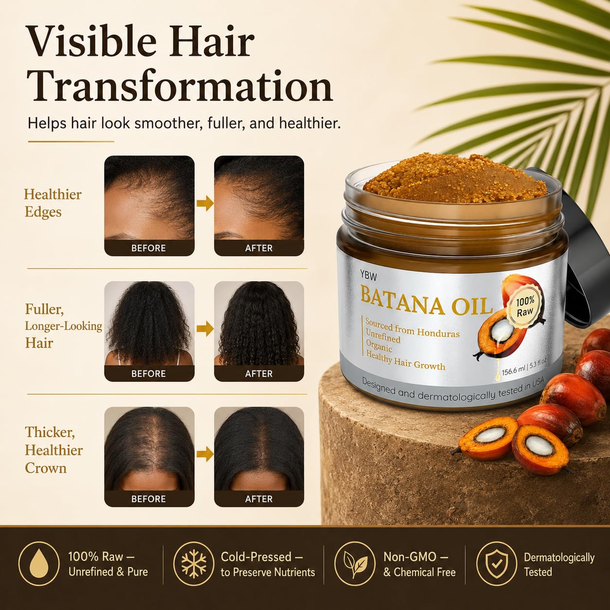 YBW Batana Oil for Hair Growth Dr. Sebi Organic, Natural, Pure and 100% Raw Batana Oil Paste from Honduras - Botana Enhances Hair Thickness, Prevents Loss for Men and Women