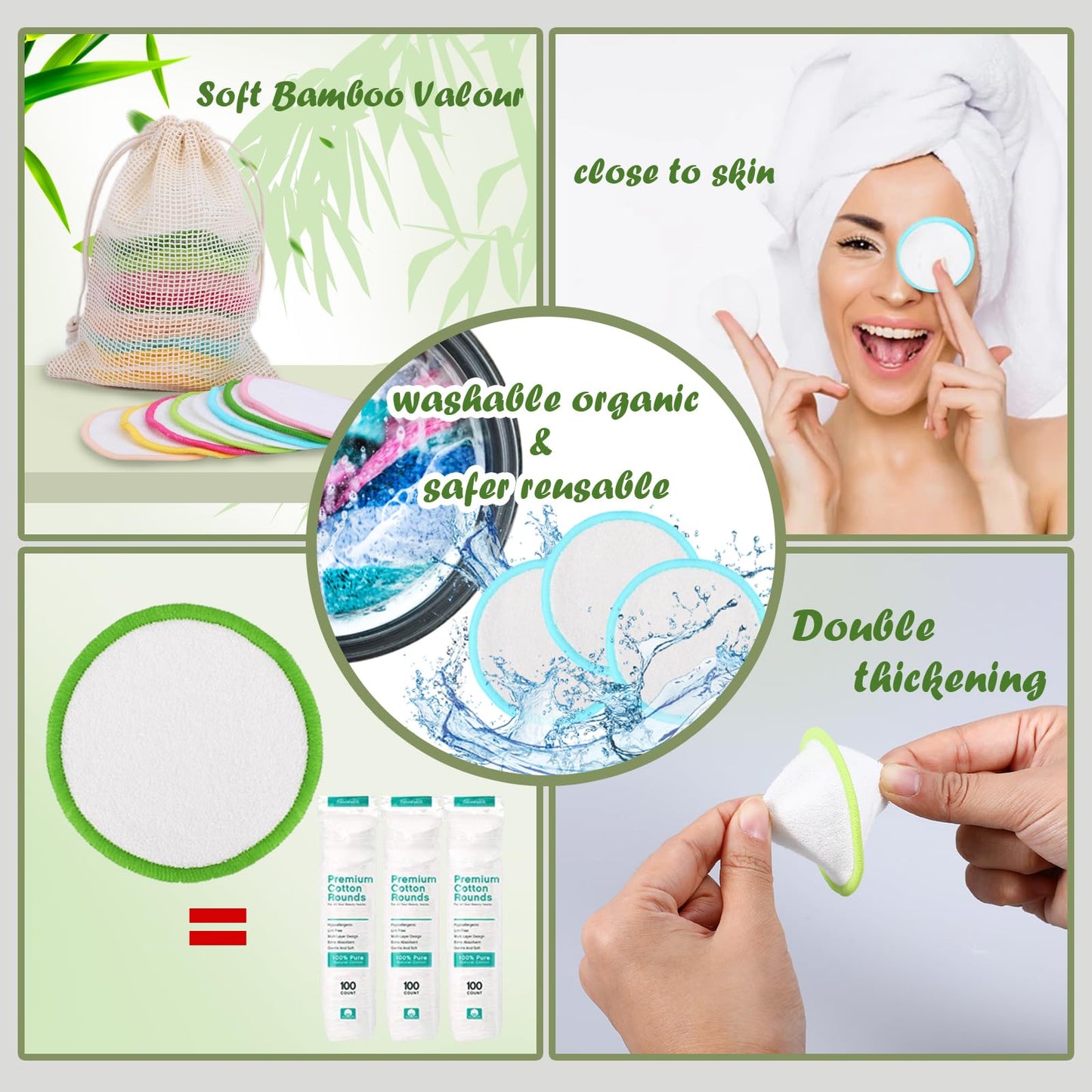 XSEINO Reusable Makeup Remover Pads(40 Pack) with Washable Natural Bamboo Fiber Material,Natural Bamboo Cotton Pad,for All Skin Types