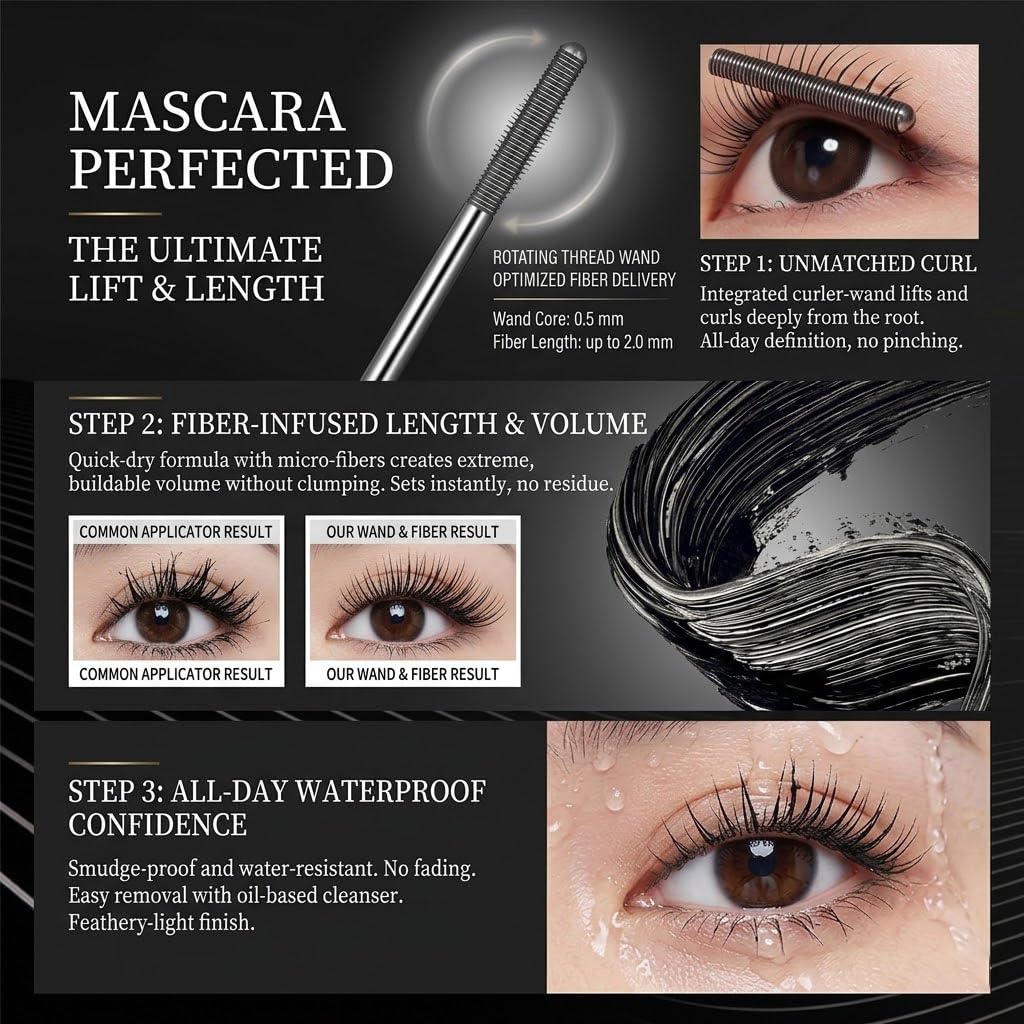 Dulhantocosh Waterproof Fiber Mascara, Tubular Eyelash Primer, Natural Non-smudged & Smudge-Resistant for Defined Lashes, Washable Waterproof, Lengthening and Long-Lasting (Black&Brown)