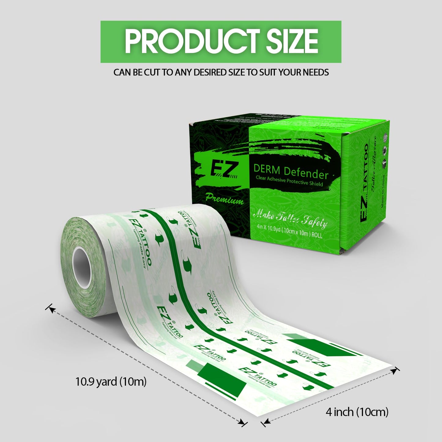EZ Derm Defender Roll, Tattoo Aftercare Waterproof Bandage 4 inch X 10.9 Yard, Transparent Film Dressing Second Skin Healing Wrap Cover, Derm Shield Skin Protection Aftercare Tape