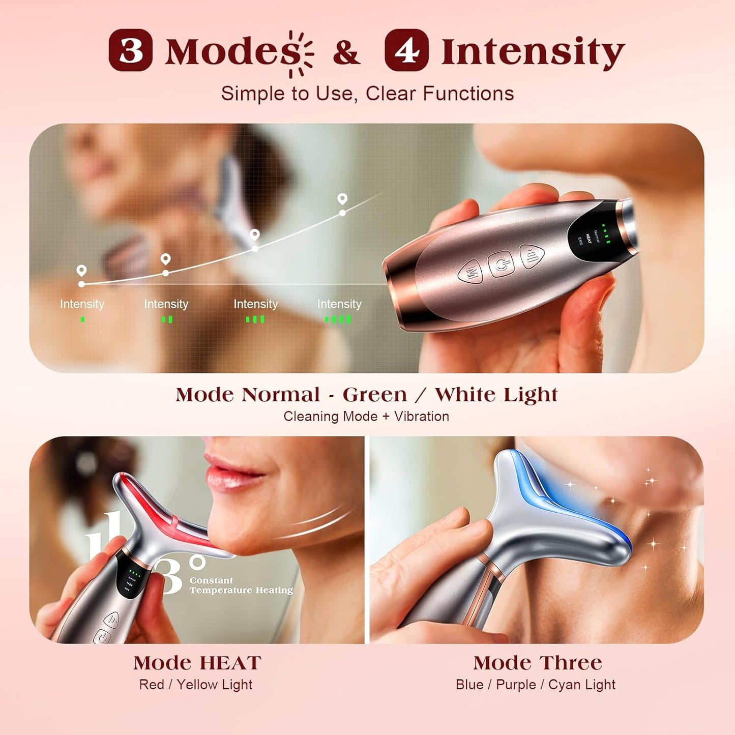 Facial Massager - Red Light Therapy Device for Face & Neck | 113°F Heating Vibration, 7 Color Options