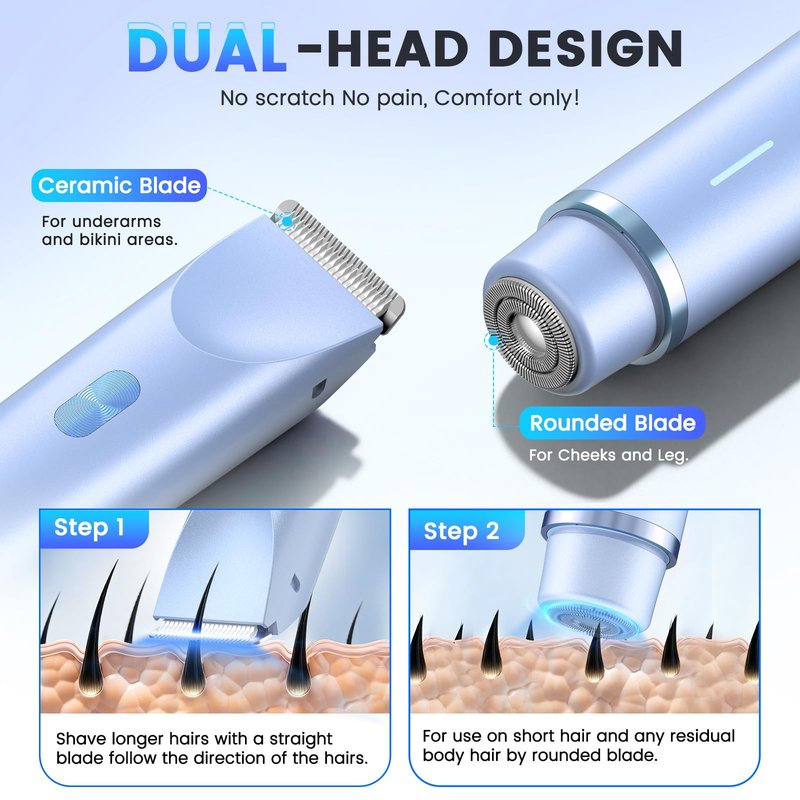 Bikini Trimmer for Women, 2-in-1 Electric Razor with Dual Head, IPX7 Waterproof Body Hair Trimmer for Pubic Hair, Legs, Underarms and Sensitive Areas, Cordless Rechargeable (Blue)