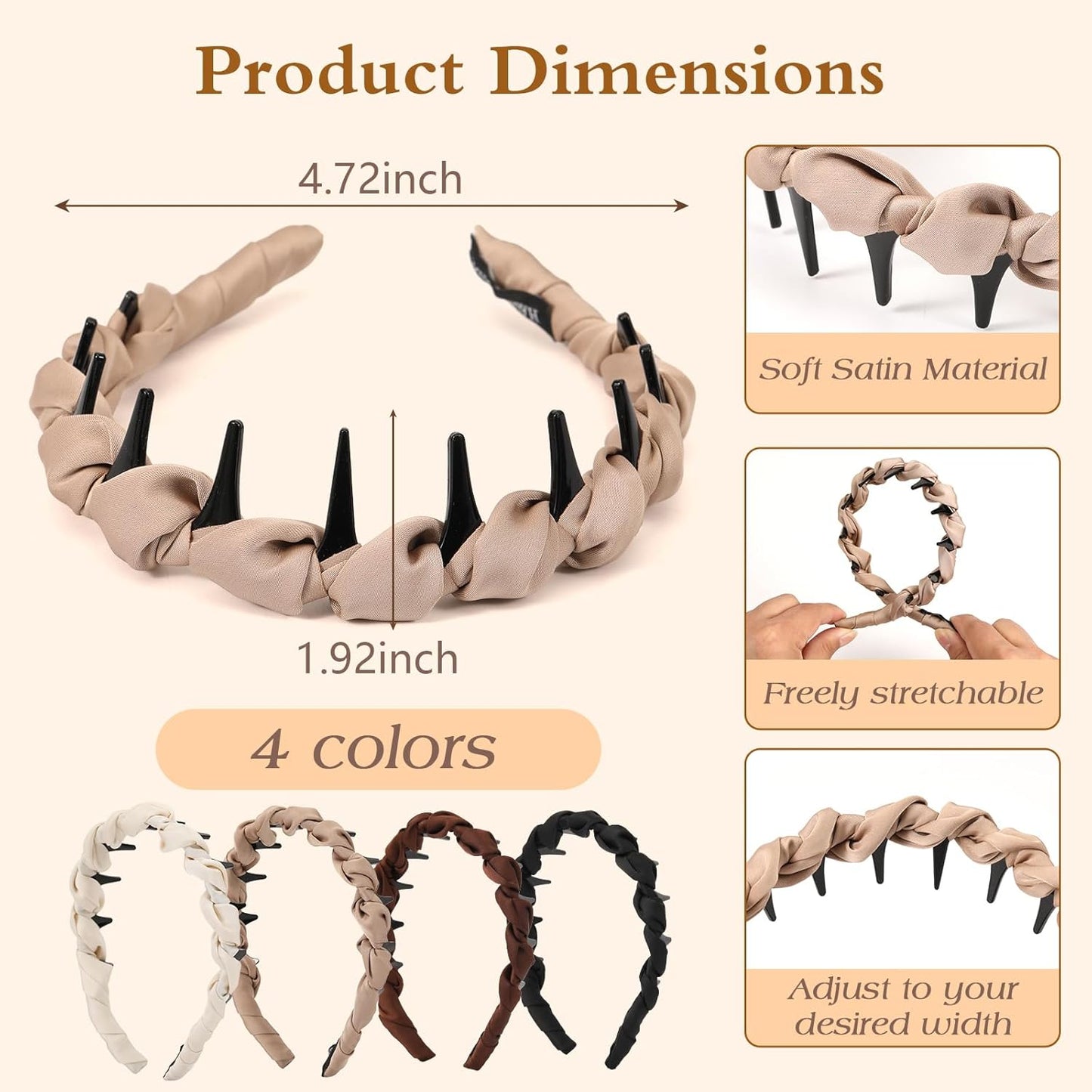 High Cranium Headbands for Women - Non-Slip Zig Zag Design | 4 Pcs Retro Satin Braided Hair Accessories