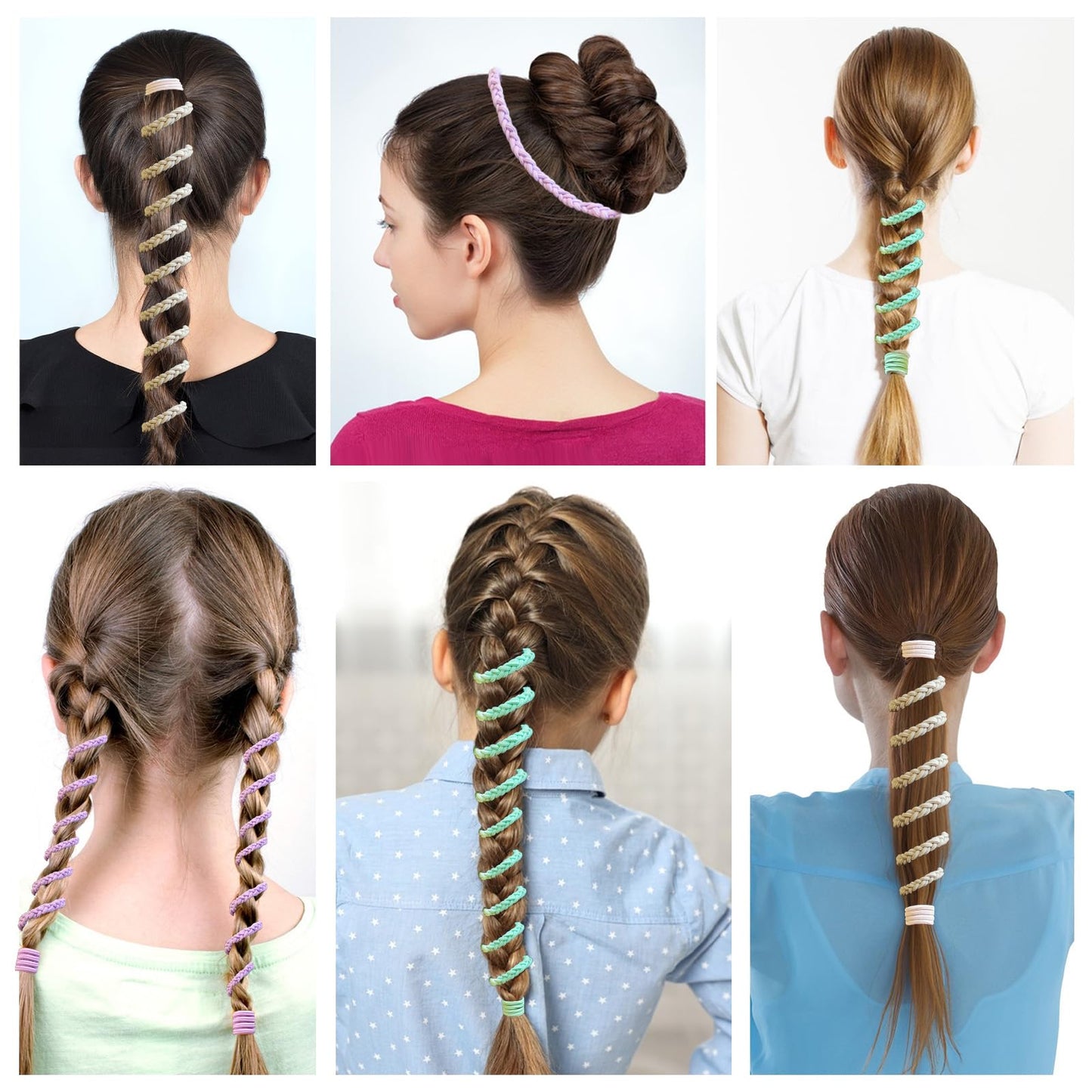 3 Pcs 16" Spiral Braided Hair Ties for Sports,No Damage, Non-Slip Elastic Ponytail Holders for Women Girls,Hair Bands for Gym, Yoga,Beach Activities(Green,Purple,White and Gray) (07csst, 41)