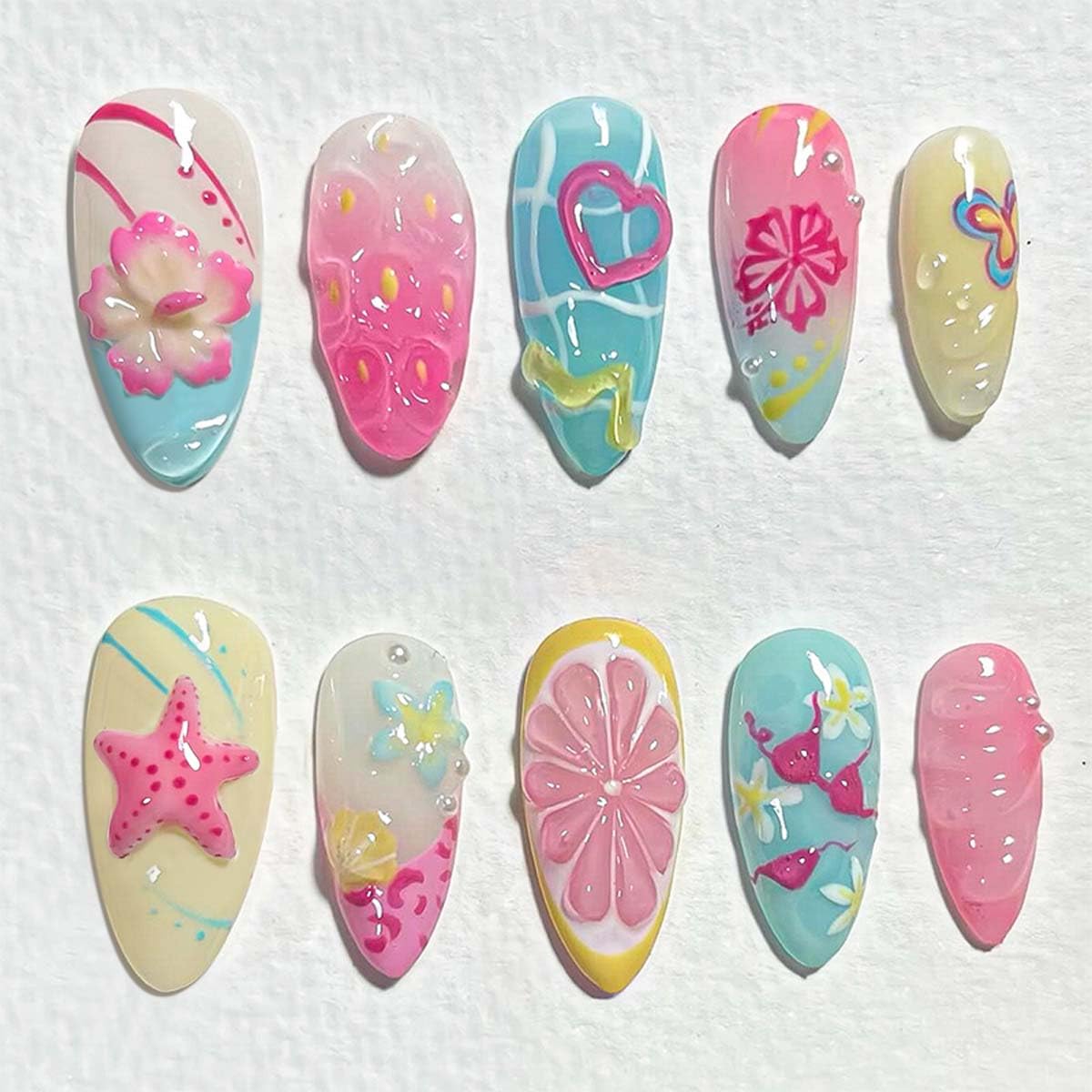 Press-On Almond Nails - Blue & Yellow Fruit Design | Reusable 30-Piece Nail Kit for Spring & Summer Manicure