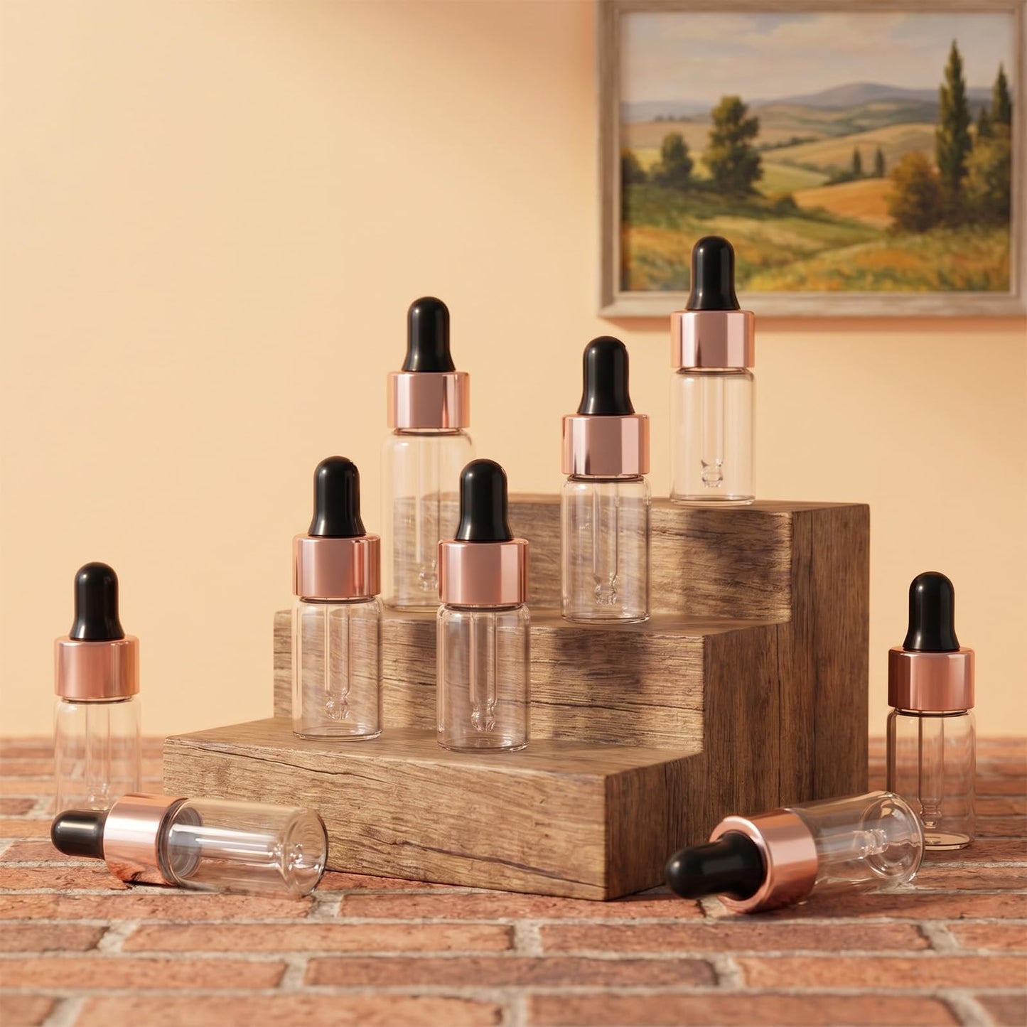 Bremorou 15 Pcs 3ml Mini Glass Dropper Bottle for Essential Oil Small Clear Sample Dropper Vails with Rose Gold Caps Makeup Containers for Essence Liquid Cosmetic Containers