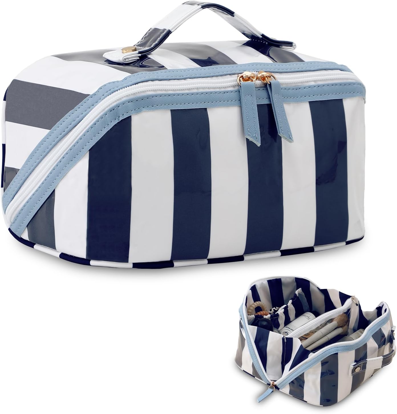 Stripe Travel Makeup Bag - Waterproof Cosmetic Organizer with Compartments | Pink-Orange