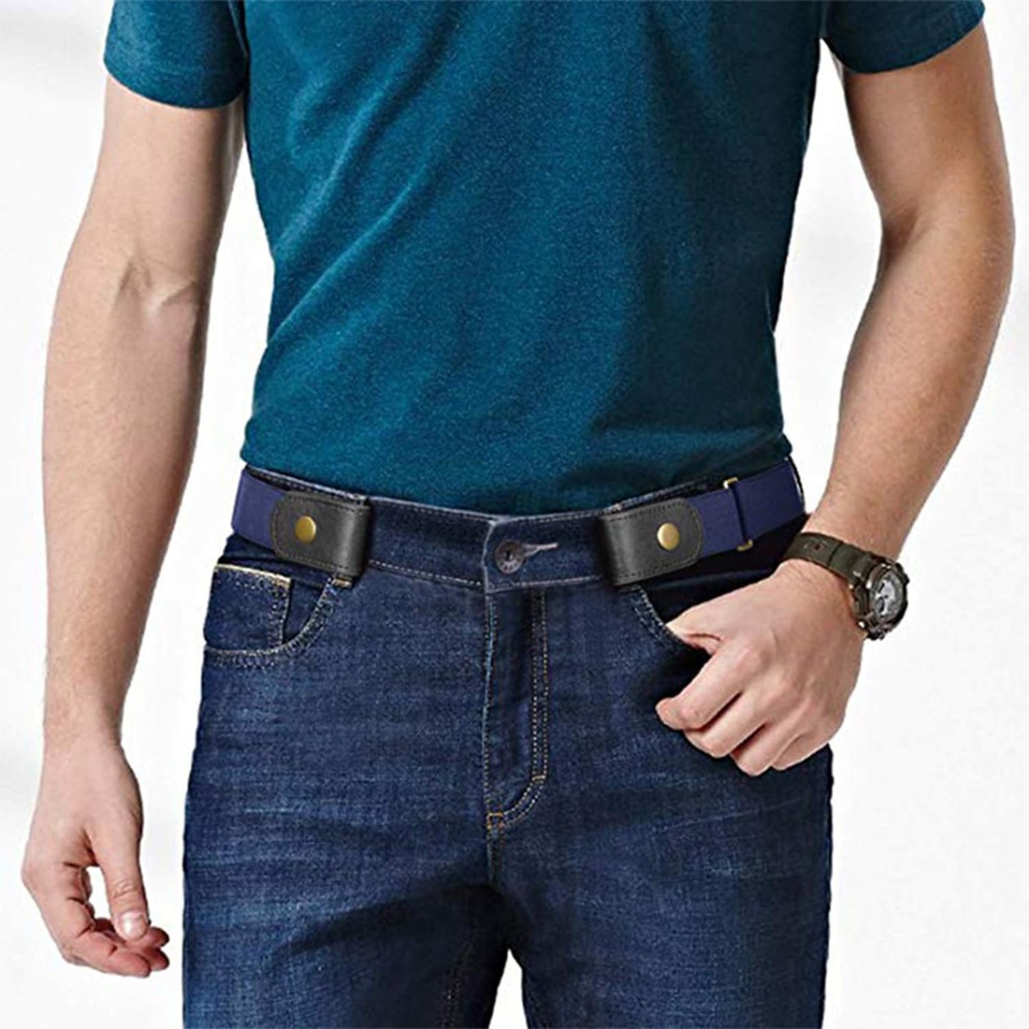 No Buckle Elastic Belt for Men and Women, Invisible Buckle-Free Stretch Belt with Adjustable Fit, Comfortable Waistband for Jeans, Pants, Travel, and Daily Wear Blue