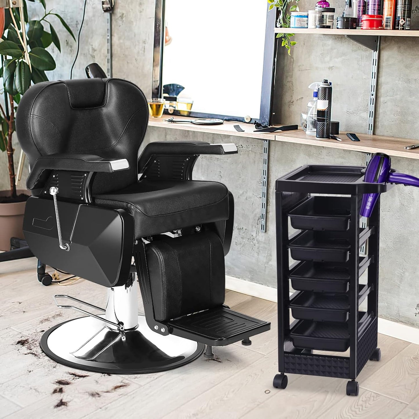 Black Salon Trolley Cart with Wheels - 5 Drawers & Dryer Holder | Hair Stylist Equipment