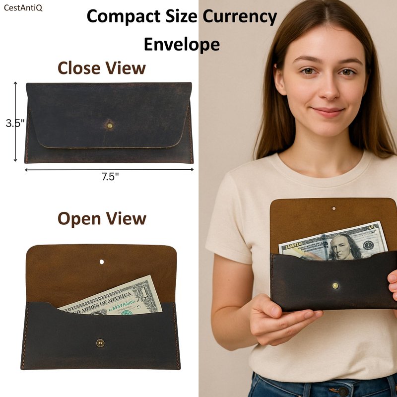 CestAntiQ, Leather Currency Pouch Large Flap Continental Wallet, Utility Organizer Bag for Cash Coins Travel Leather Money Pouch Envelope Storage Bag and Cash Organizer Men Women (Dark Brown)