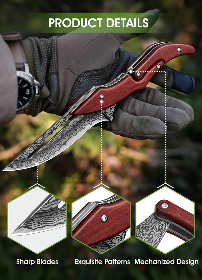 Dream Reach Folding Pocket Knife, Folding Knife with Elegant Pattern, Cool EDC Pocket Knives with Ergonomic Rosewood Handle for Outdoor Camping, Gift Collection for Men Women
