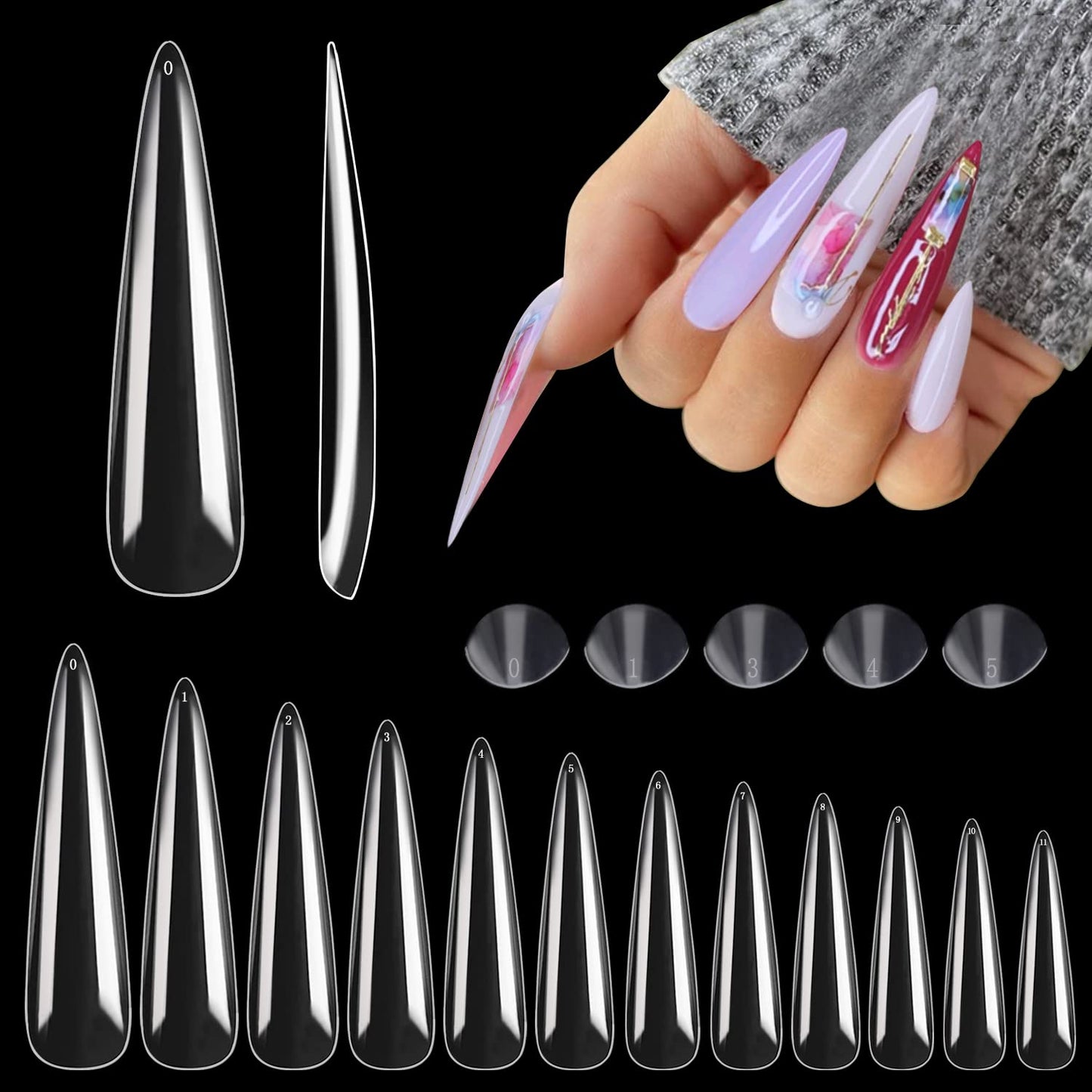 Stiletto Nail Tips - 600PCS XXXL Extra Long Full Cover for Acrylic Nails | 12 Sizes Clear Flattened Fake Nails