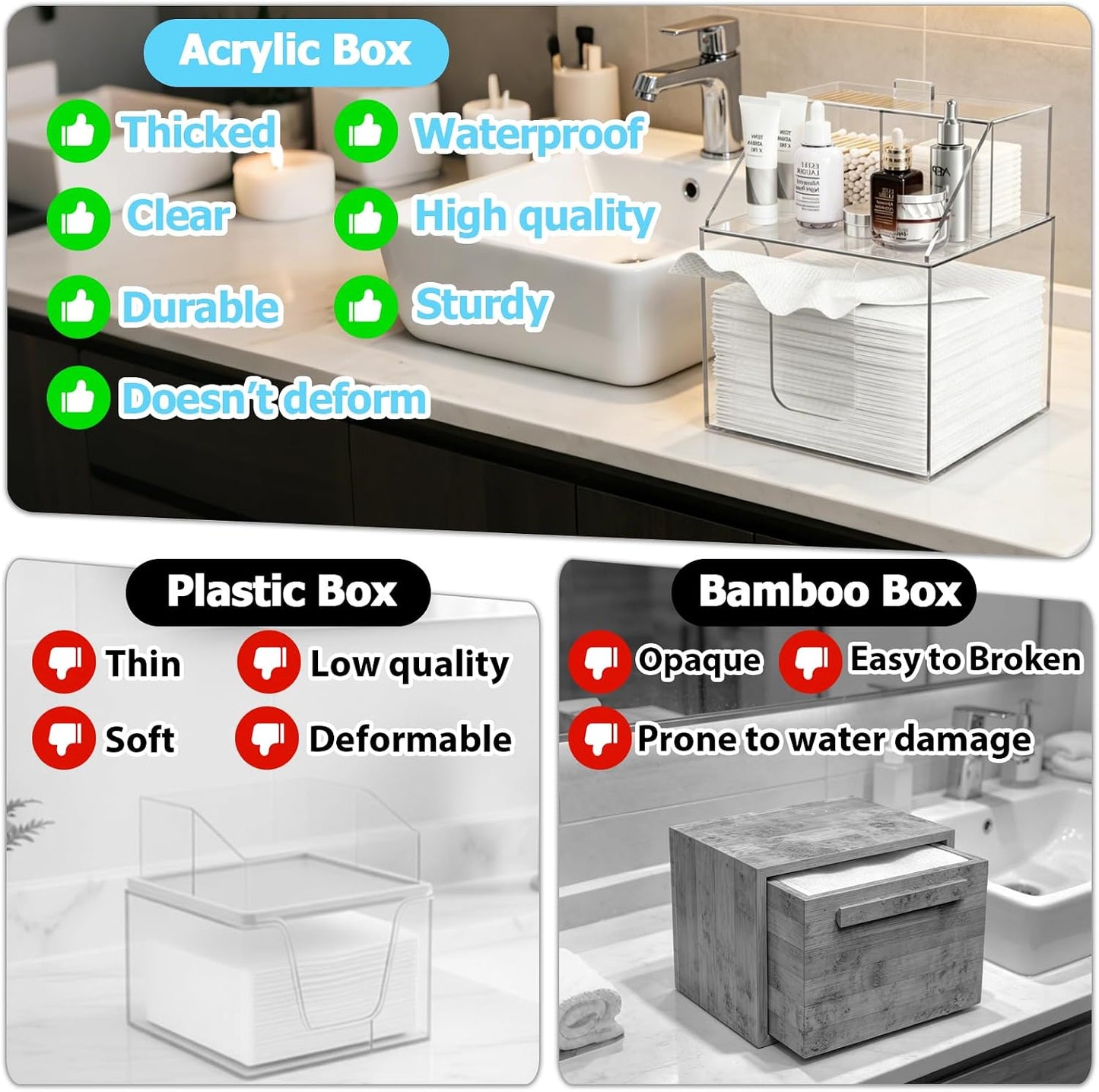 Acrylic Face Towels Holder - Premium Double Layer Design | Waterproof Cosmetic Container for Bathroom Counter | Upgraded 4-in-1 Size
