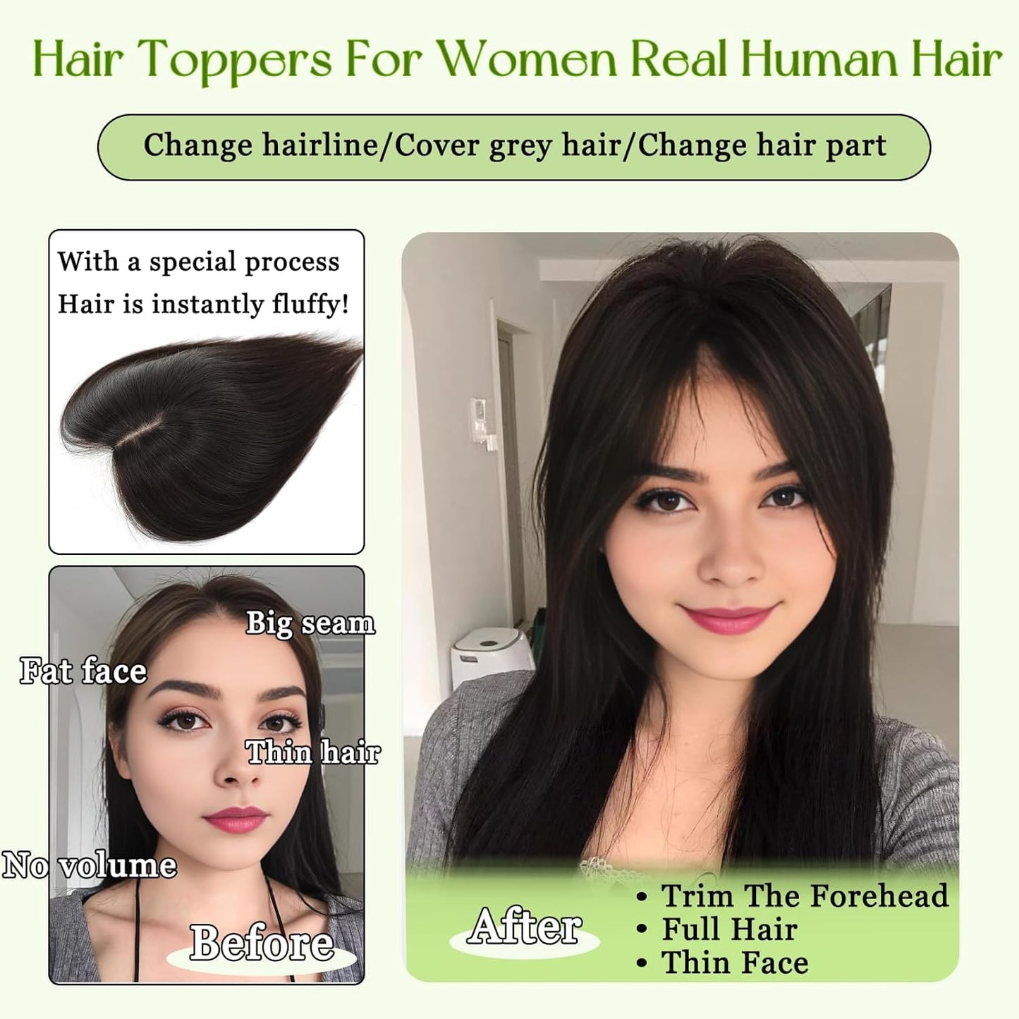 OLLAVO Hair Toppers for Women Real Human Hair, 360°3D Bangs Clip Human Toppers for Women with Thinning hair Realistic Scalp Line (60#, 3D Side Bangs (11 * 7))