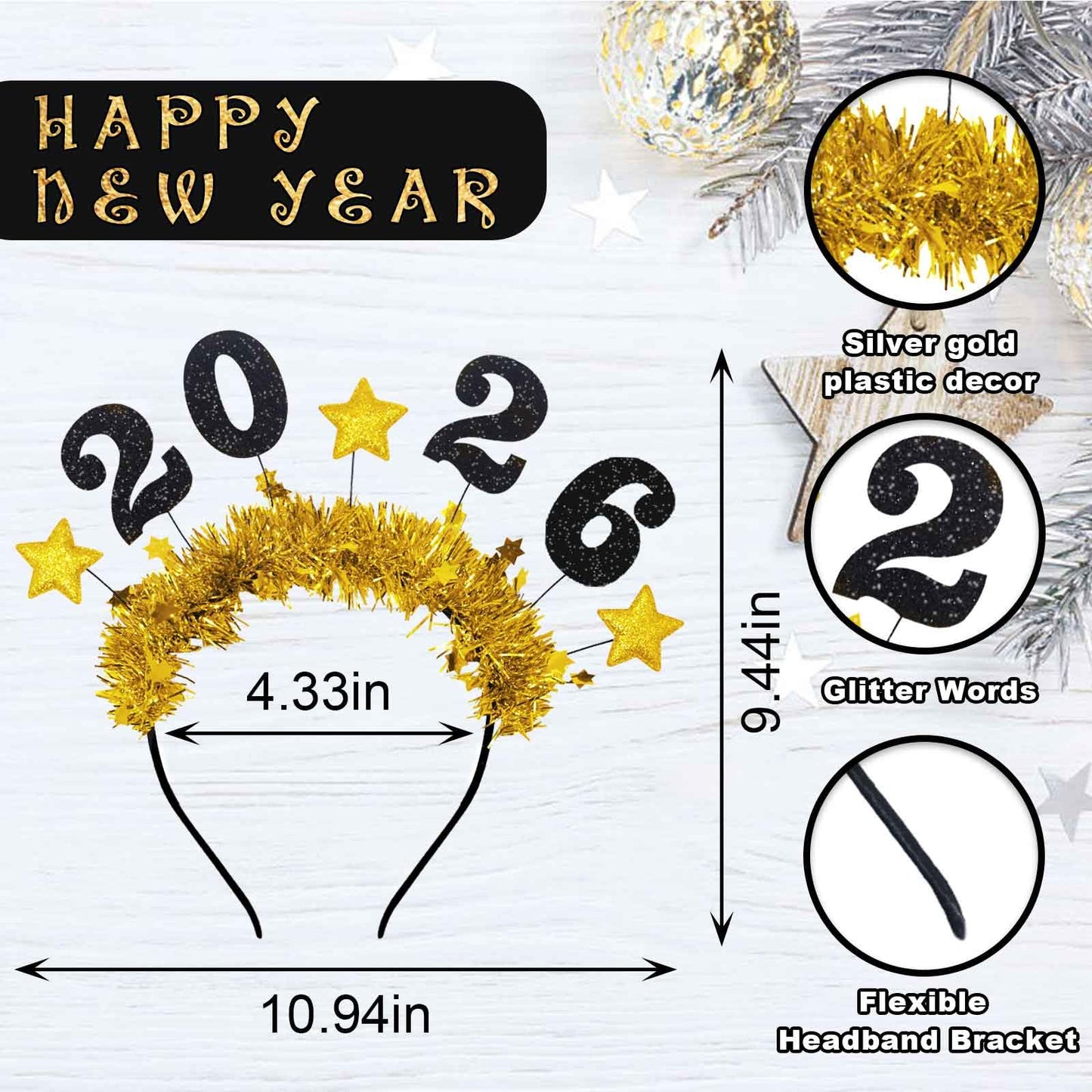 Hying 2 PCS Happy New Year Headbands Tiara for Women Man, Golden Silver Glitter Sparkles Headwear 2026 New Year Headband Hair Hoops Accessories for Christmas New Year Eve Party Supplies