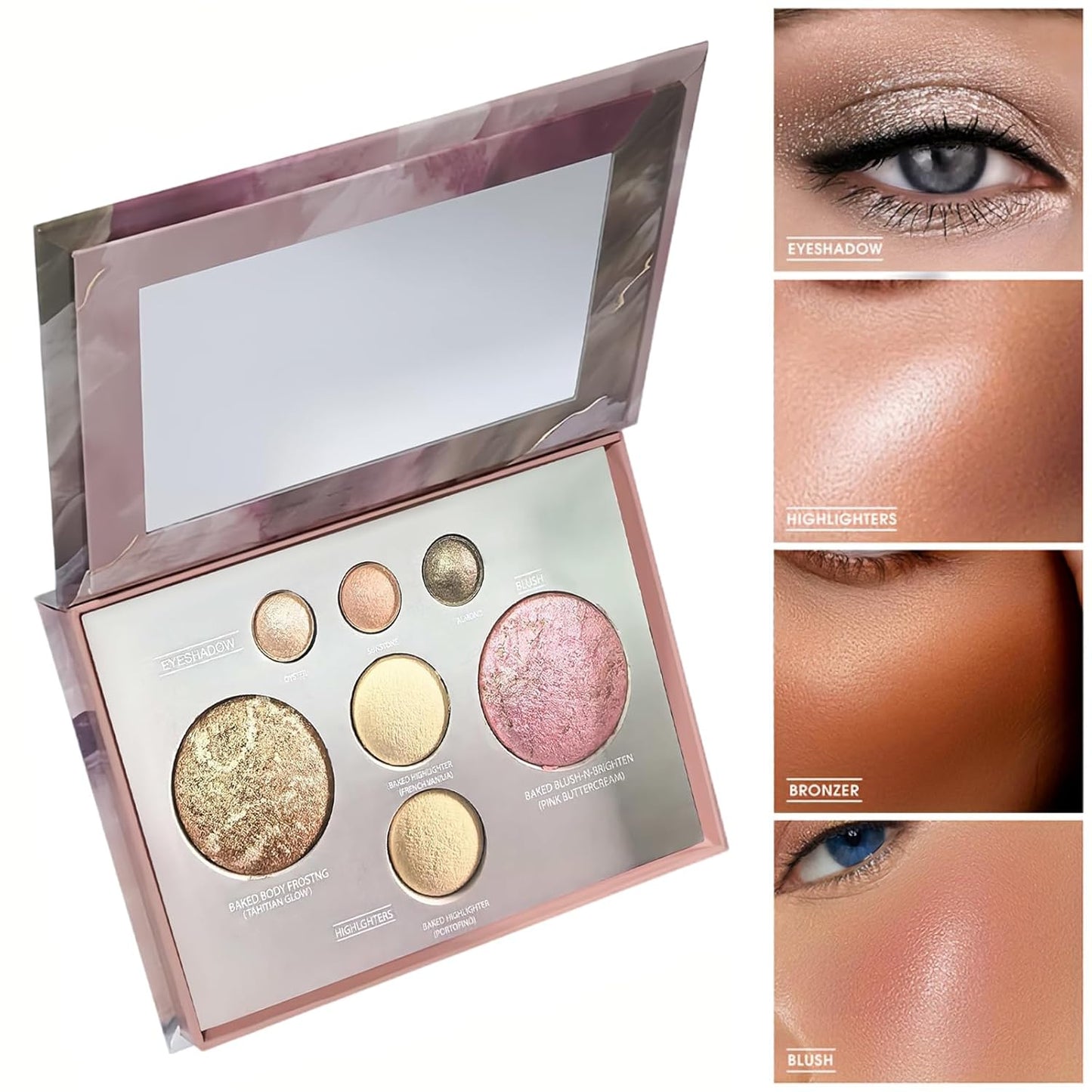All-in-One Makeup Palette - 7 Color Baked Face Palette with Bronzer, Blush, Highlighters & Eyeshadows | Shimmer Travel Kit with Mirror