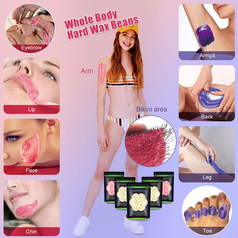 Hard Wax Beans 17.5Oz, Hair Removal Body European Brazilian Pearl Waxing Beads For Women Men Include 10 Waxing Spatulas For Bikini, Eyebrow, Face, Armpit 5 Packs