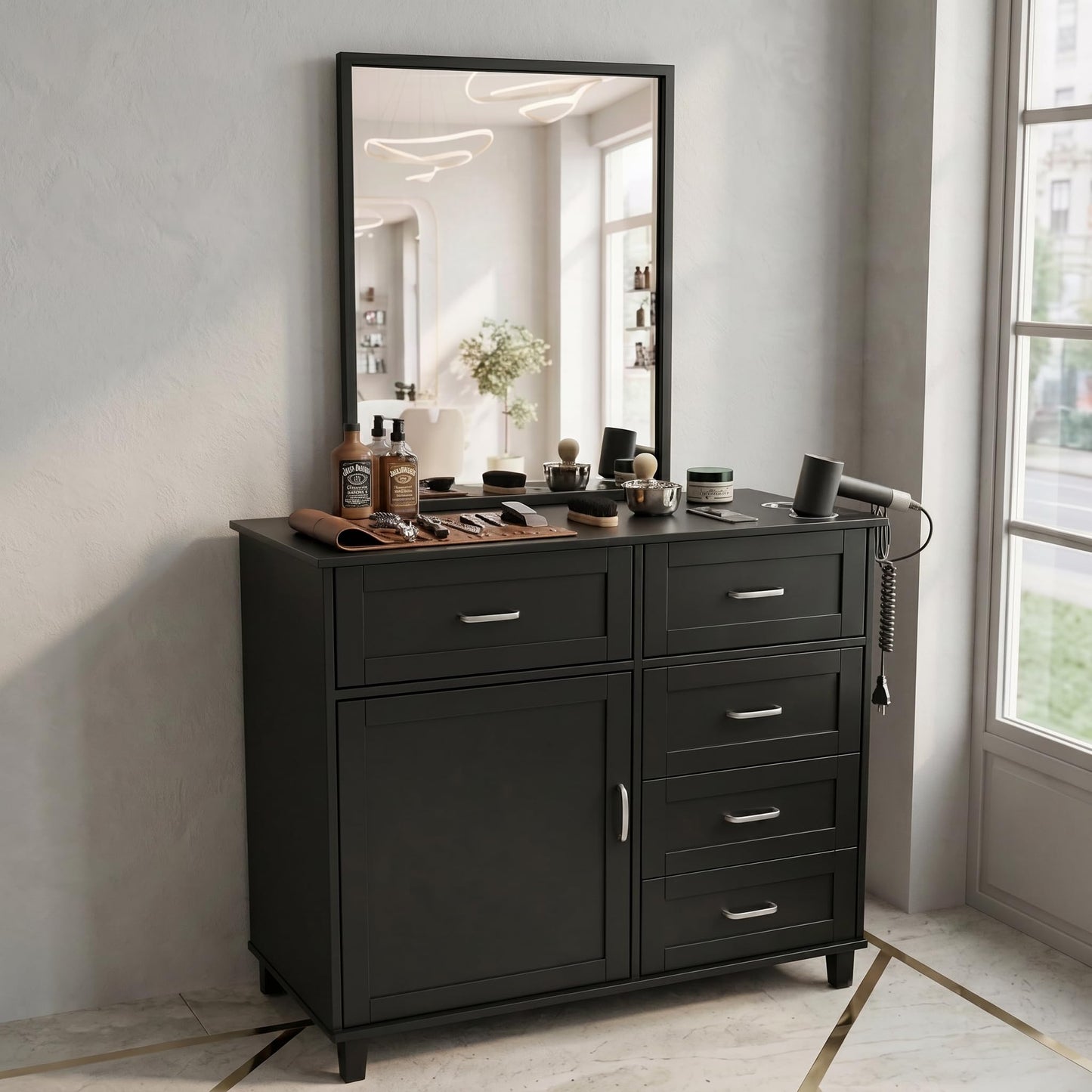 THINK 30 Salon Station, Barber Station, with Wall-Mount or Cabinet-Mount Mirror, Drawers, for Hair Salon, Barber Shop, Beauty Spa, Black