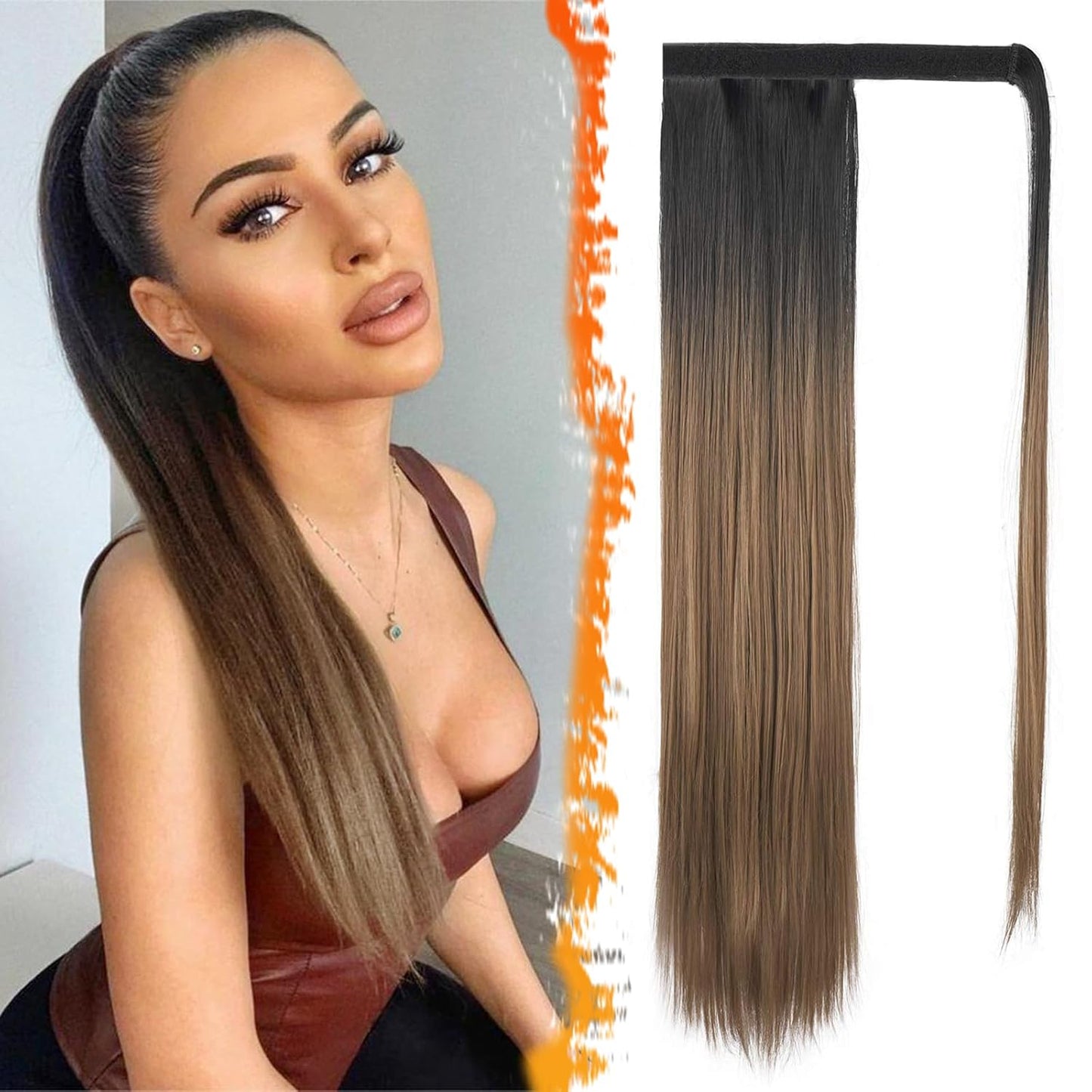 Dark Brown Straight Ponytail Extension - 28 Inch Clip-In Hairpiece for Women | Synthetic Wrap Around Style