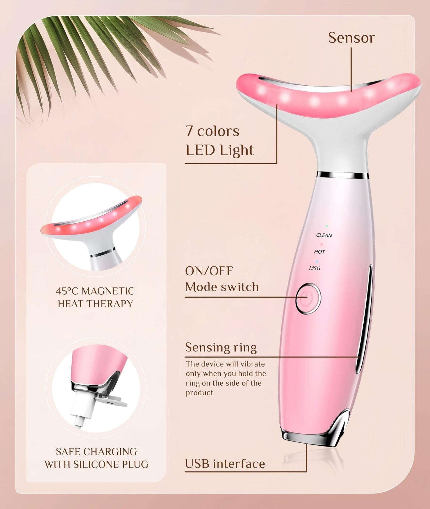 Dopsikn 7 Color Galvanic Machines - Red Light Therapy for Face and Neck, Face Massager Tool for Wrinkles, Double Chin, Vibrating Facial Massager with Thermals, Pink