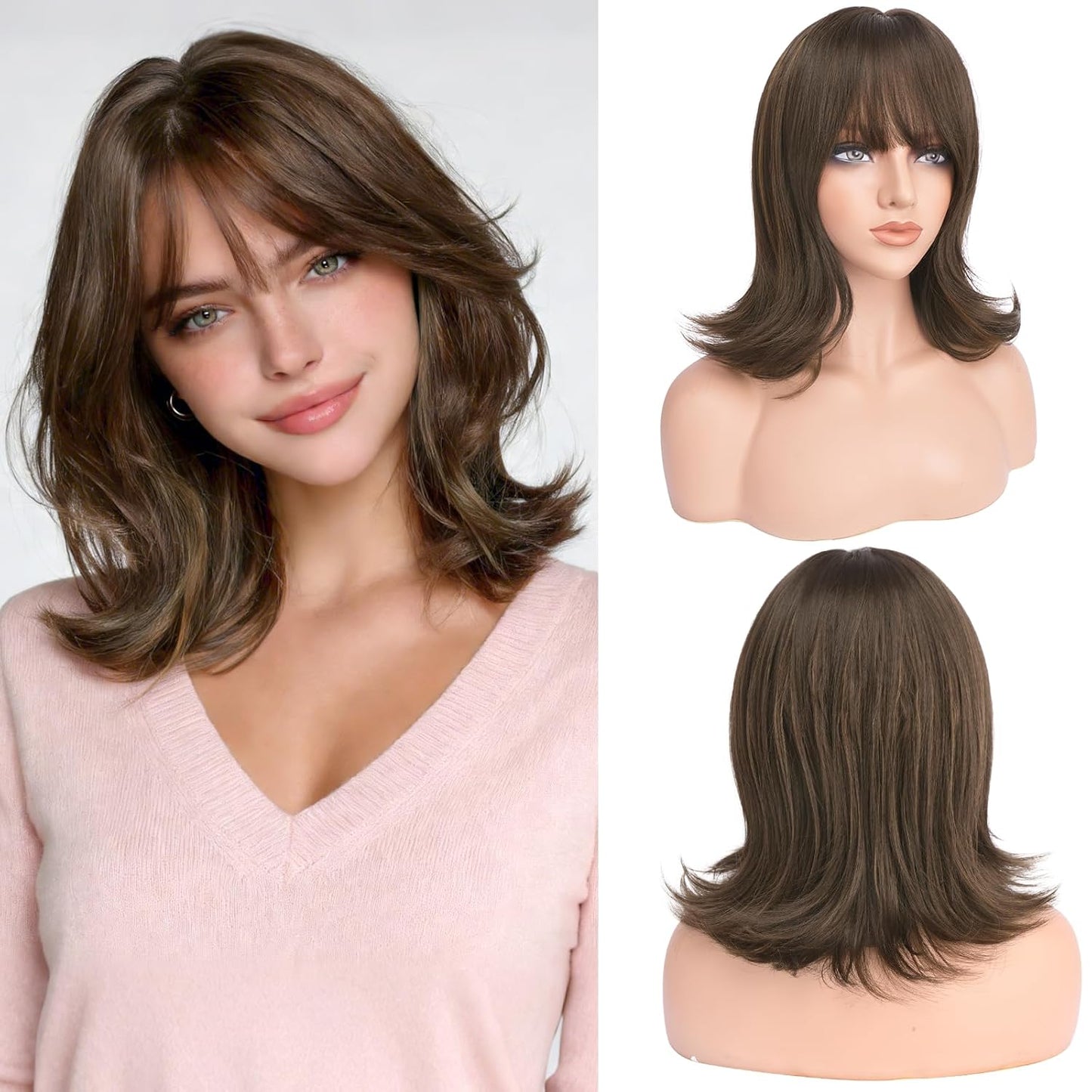Brown Short Bob Wig with Bangs - Wavy Layered Shoulder Length | 14 Inch Synthetic Hair for Women