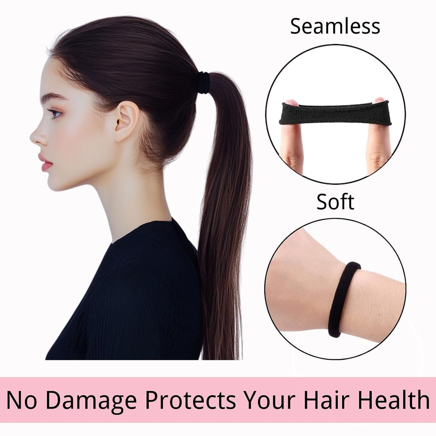 120PCS Black Hair Ties for Thick Hair - Seamless No Damage Elastic Ponytail Holders | Bulk Nylon Hair Bands for Women