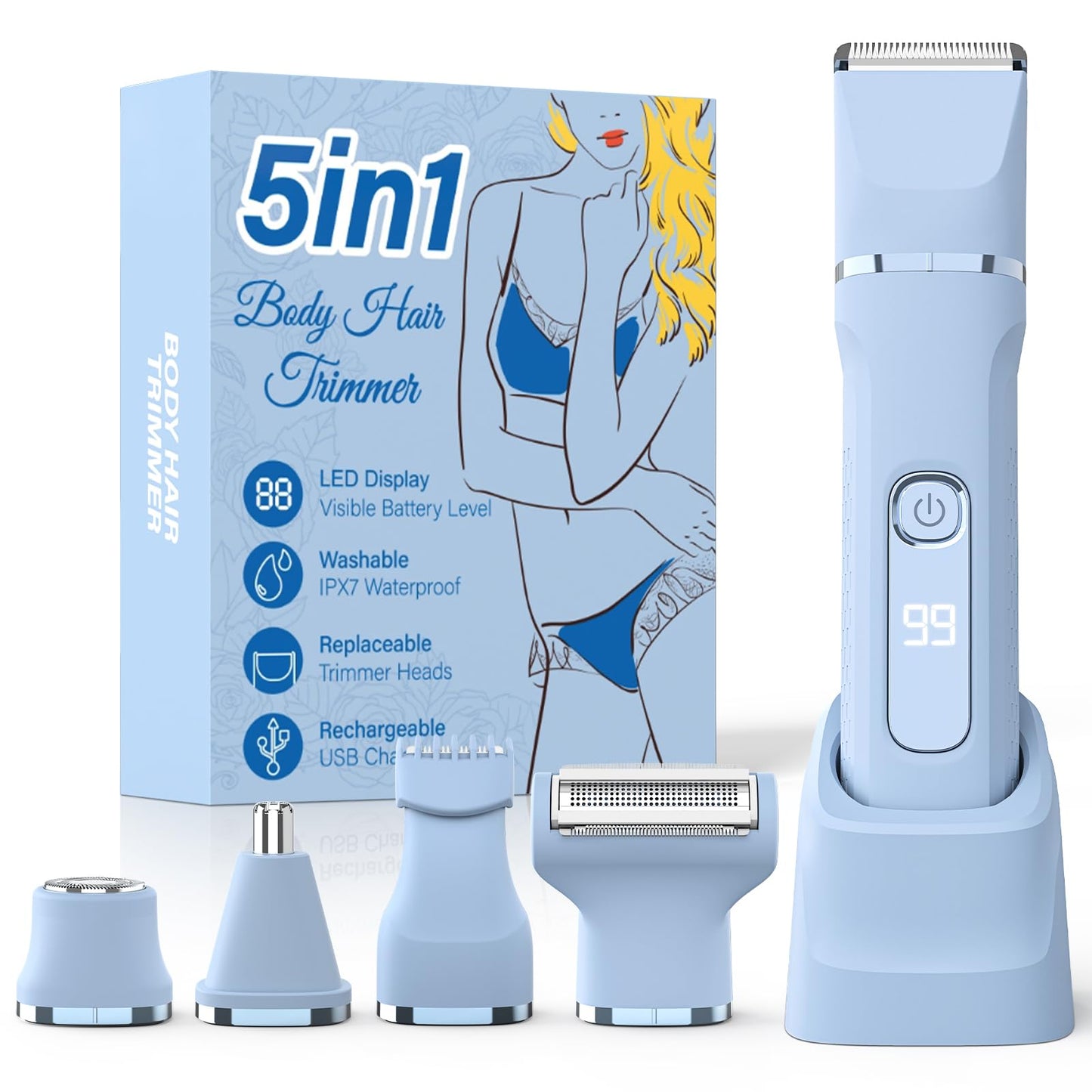 Bikini Trimmer for Women,5-in-1 Electric Razors for Women,Electric Shaver for Women's,IPX7 Waterproof Trimmer for Men Legs,with 5 Replaceable Blade Heads,USB Recharge Dock（Blue）