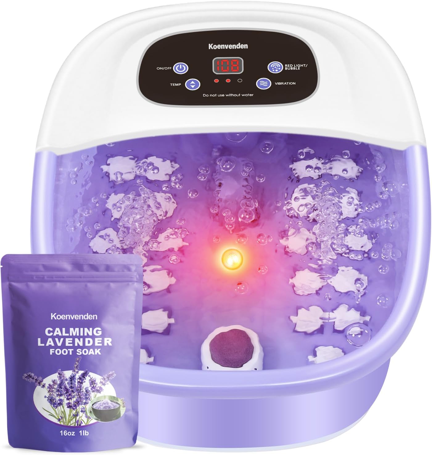 Foot Spa Massager with Heat & Bubbles | 22 Rollers, Adjustable Temp, Lavender Epsom Salt - Purple