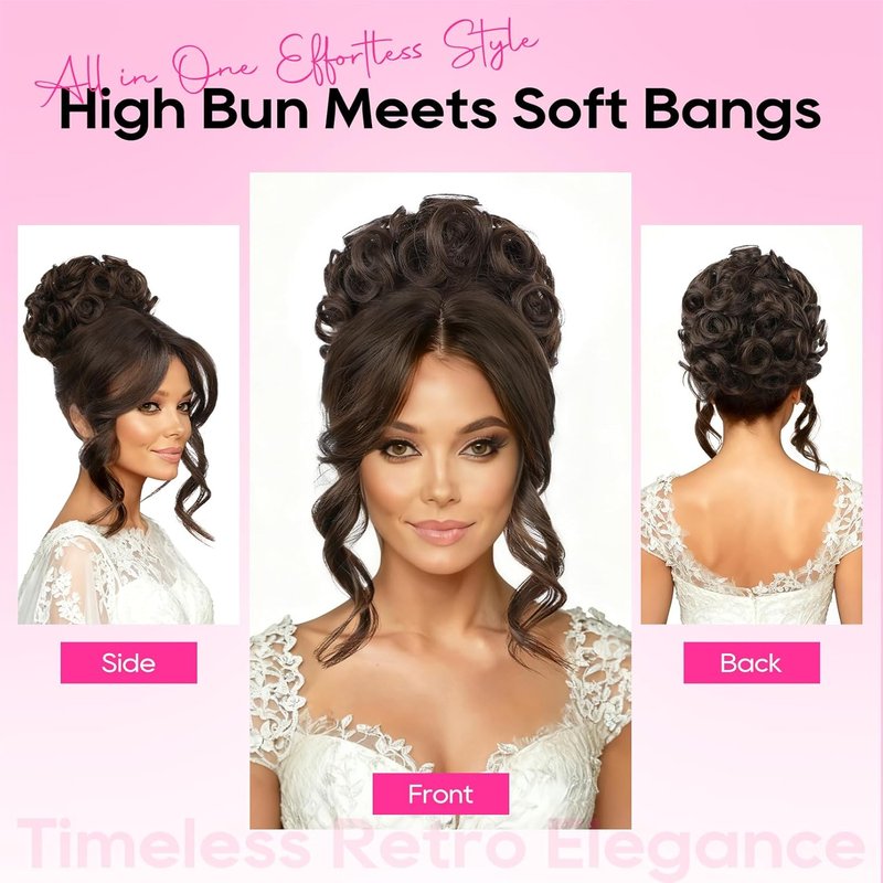 REECHO Messy Bun Hair Piece with Bangs | 2-in-1 Curly Updo Wig & Hair Topper - Natural-Looking Black Drawstring Ponytail Extension for Women