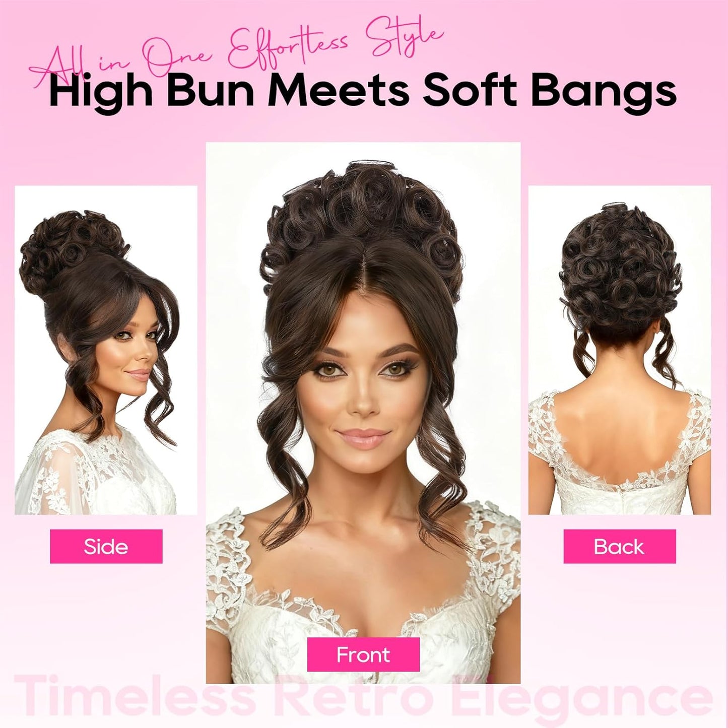 Messy Bun Hair Piece with Bangs - 2-in-1 Curly Updo Wig & Hair Topper | Natural-Looking Drawstring Ponytail Extension in Chocolate Brown