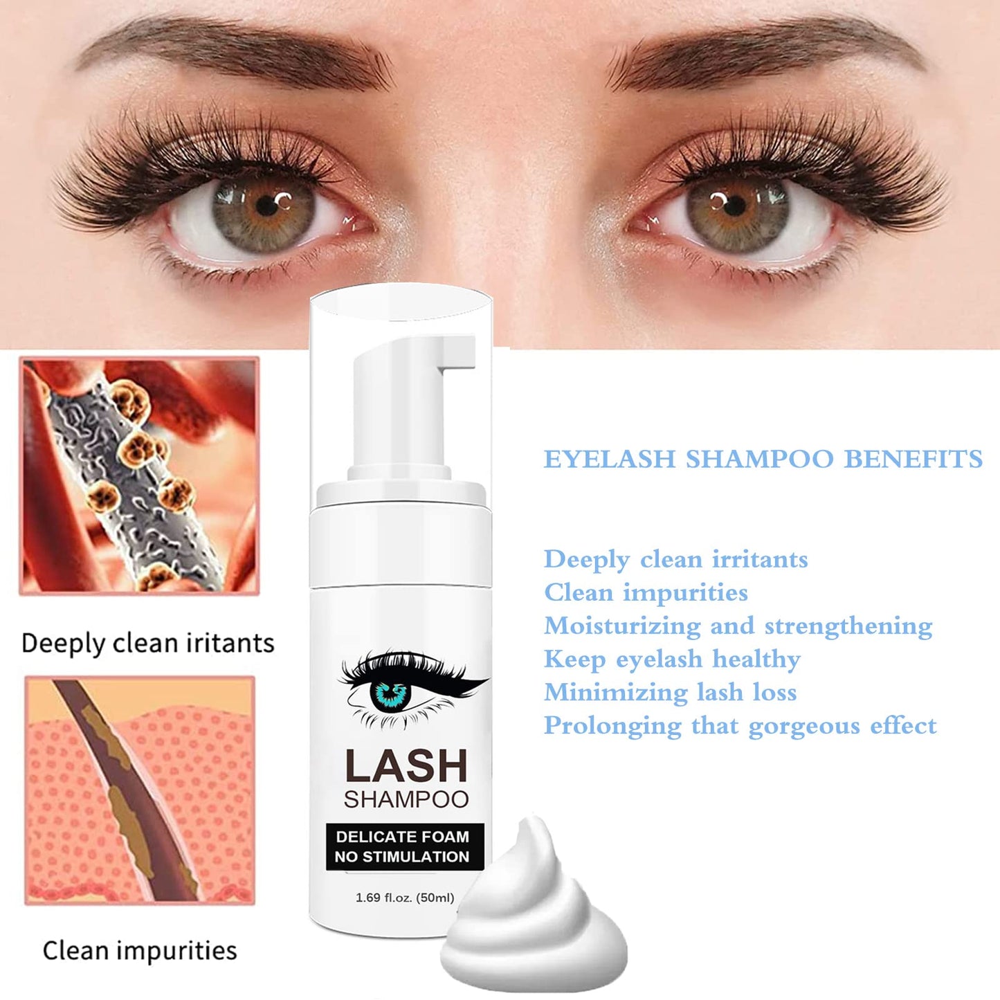 Shmian Lash Shampoo for Lash Extensions, Lash Fan 50ml Eyelash Foam cleanser with 50 Pcs Eyelash Brush and Rinse Bottle Oil Free/Sulfate Free Eyelash Wash Remover, Purple