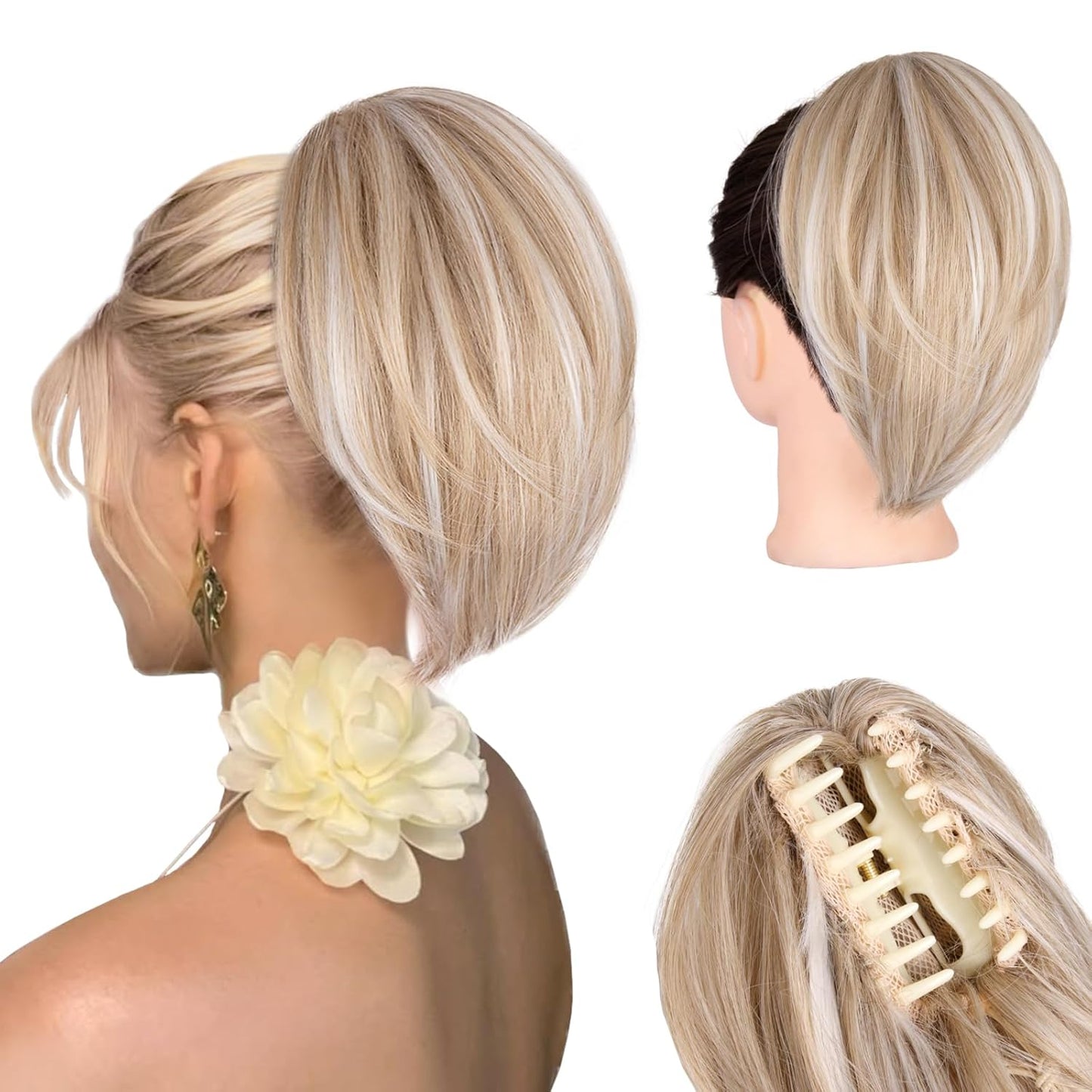 10 Inch Ponytail Extension - Straight Claw Clip Synthetic Hair | Brown with Blonde Highlights