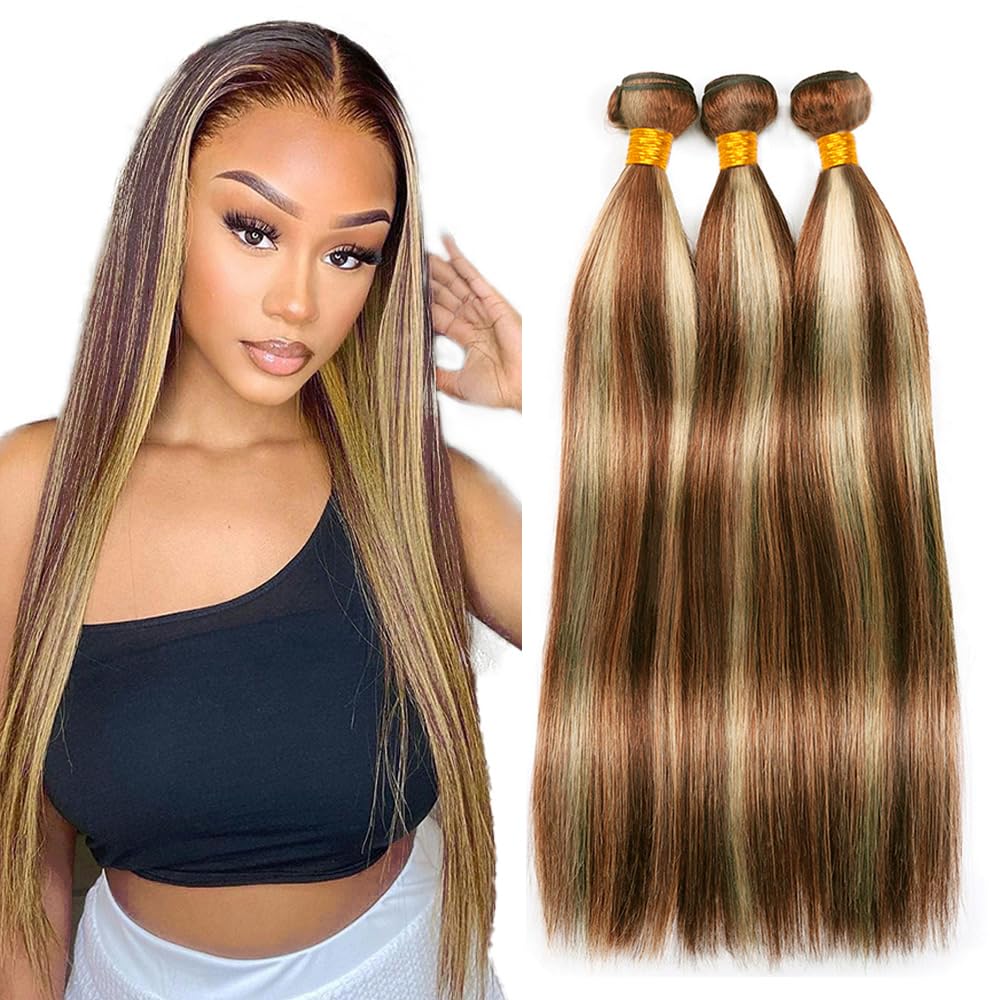 28 30 32 Inch P30/613 Highlight Blonde Bundles Human Hair 3 Bundles Brazilian Remy Hair 50 Grams/Bundle 10A Grade Unprocessed Virgin Hairs Straight Bundle Weaves Extensions